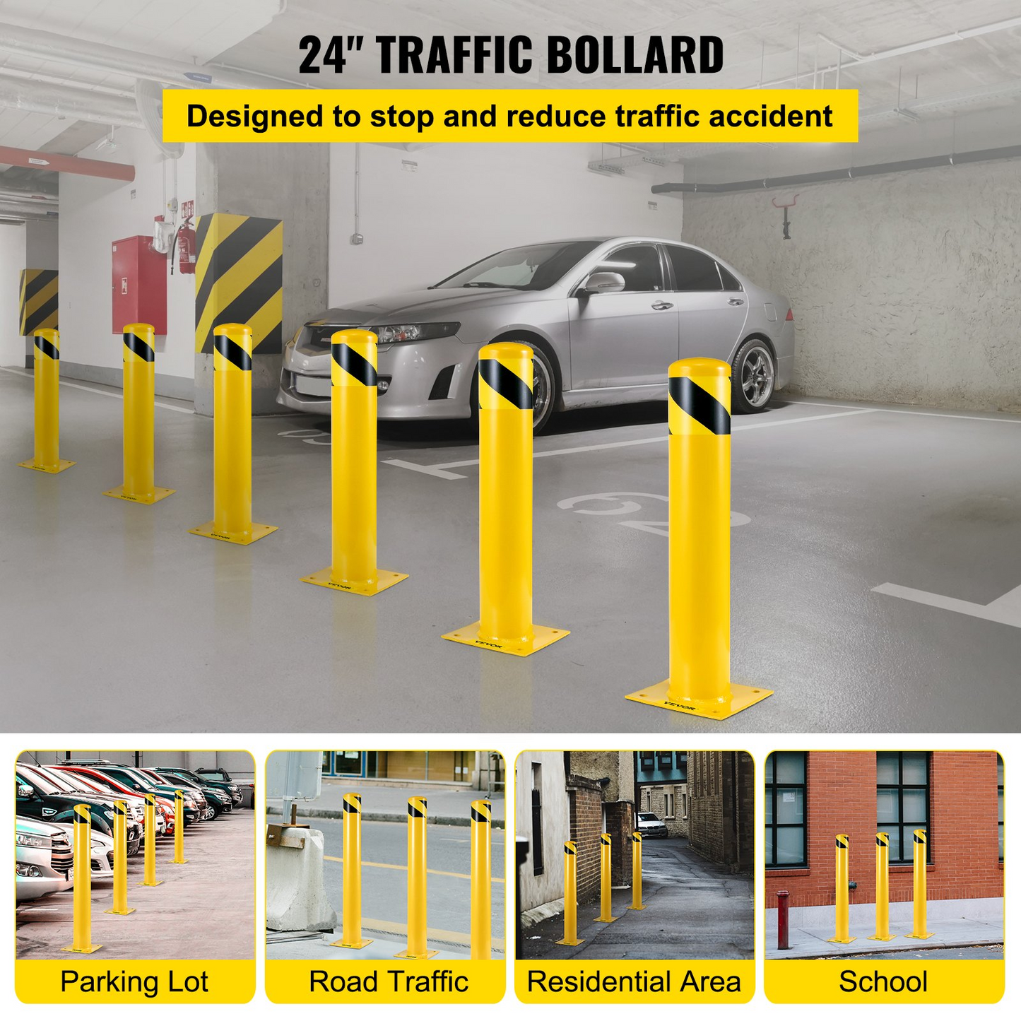 VEVOR Safety Bollard, 24"x5.5" Safety Barrier Bollard, 5-1/2" OD 24" Height Yellow Powder Coat Pipe Steel Safety Barrier with 4 Free Anchor Bolts for Traffic-Sensitive Area, Goodies N Stuff