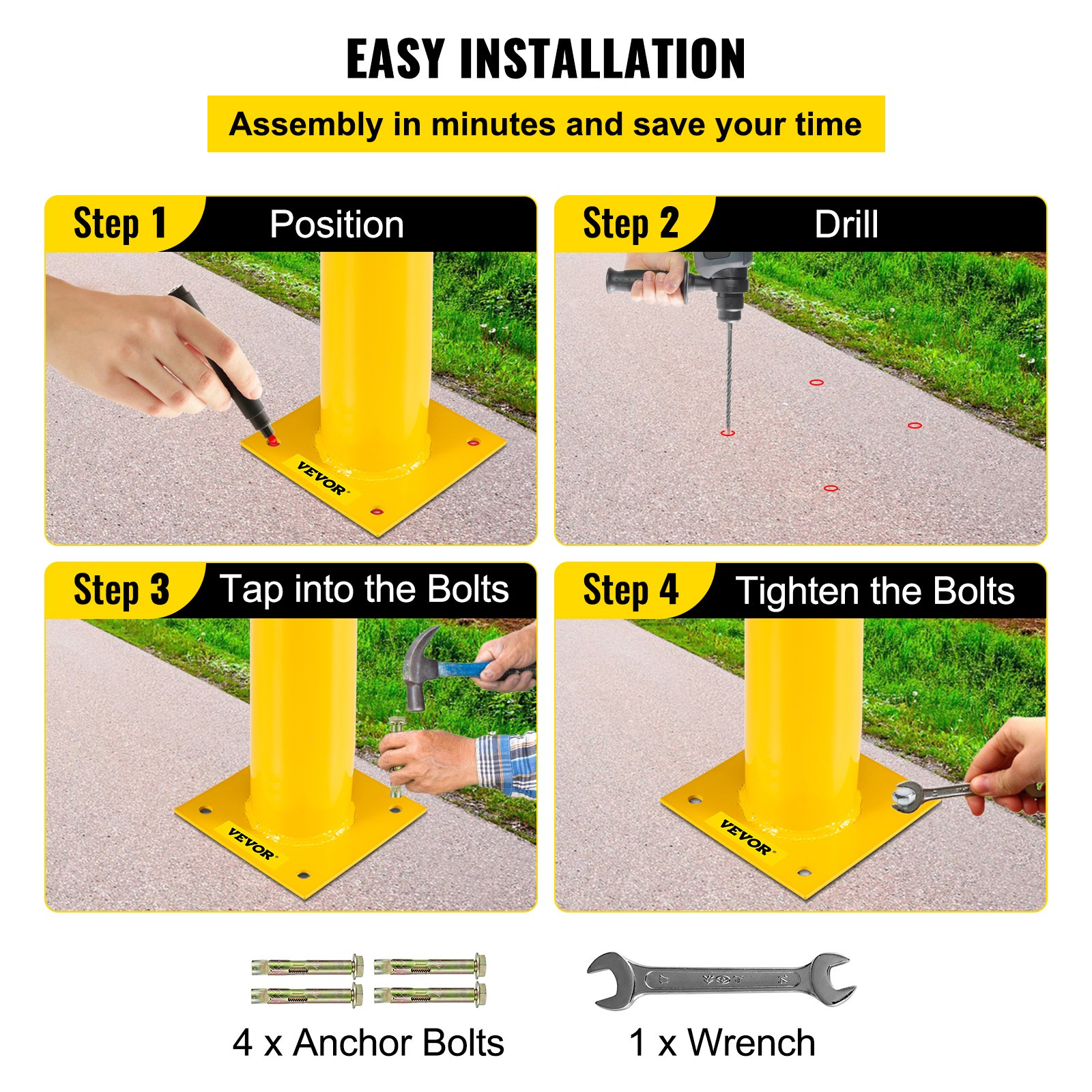 VEVOR Safety Bollard, 24"x5.5" Safety Barrier Bollard, 5-1/2" OD 24" Height Yellow Powder Coat Pipe Steel Safety Barrier with 4 Free Anchor Bolts for Traffic-Sensitive Area, Goodies N Stuff