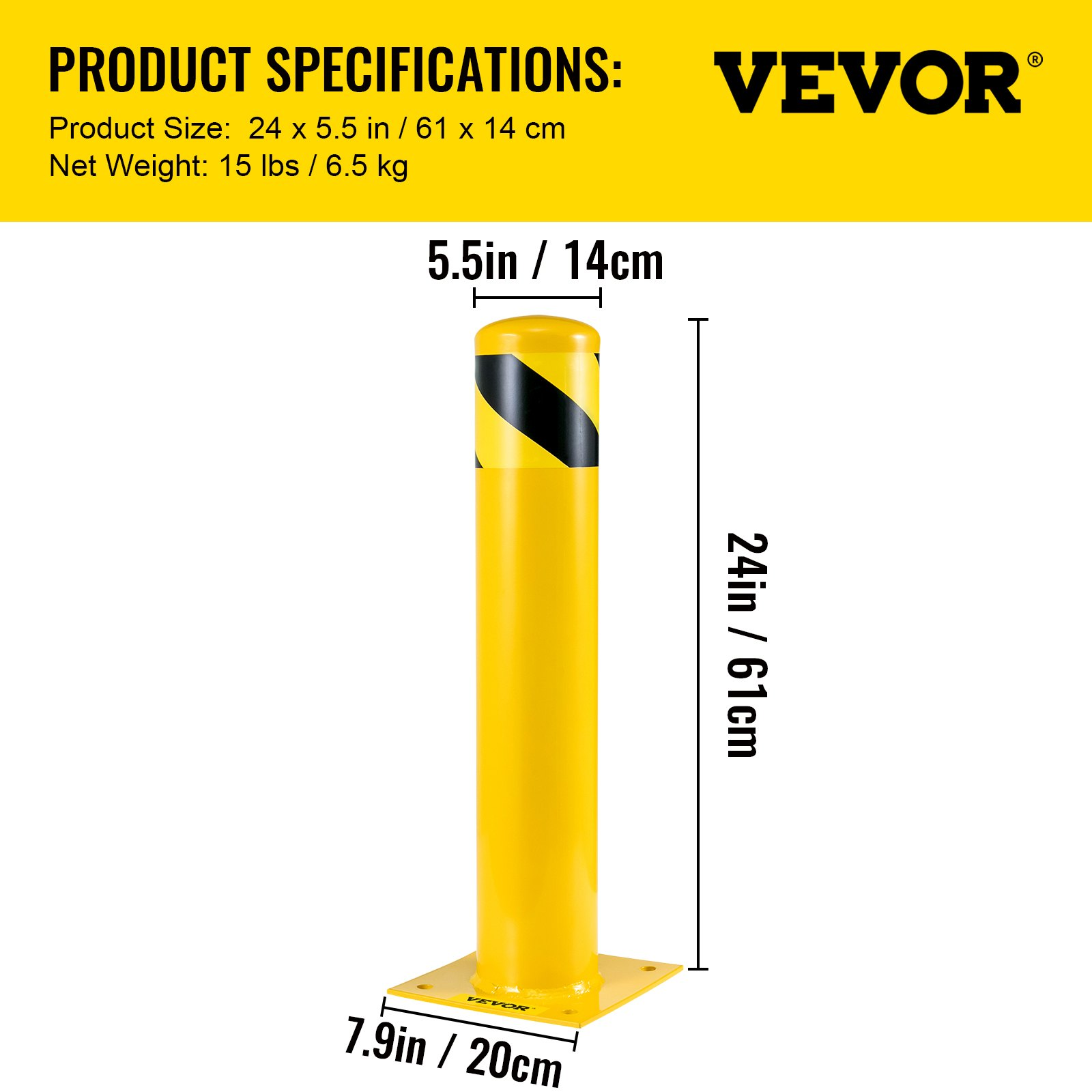 VEVOR Safety Bollard, 24"x5.5" Safety Barrier Bollard, 5-1/2" OD 24" Height Yellow Powder Coat Pipe Steel Safety Barrier with 4 Free Anchor Bolts for Traffic-Sensitive Area, Goodies N Stuff