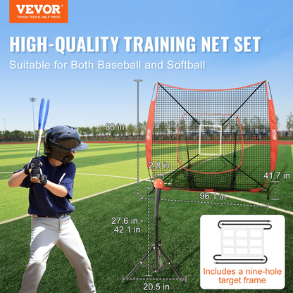 VEVOR 7x7 ft Baseball Softball Practice Net - Portable Baseball Training Net for Hitting Batting Catching Pitching - Backstop Baseball Equipment with Bow Frame, Carry Bag, Strike Zone, Ball, Batting Tee, Goodies N Stuff