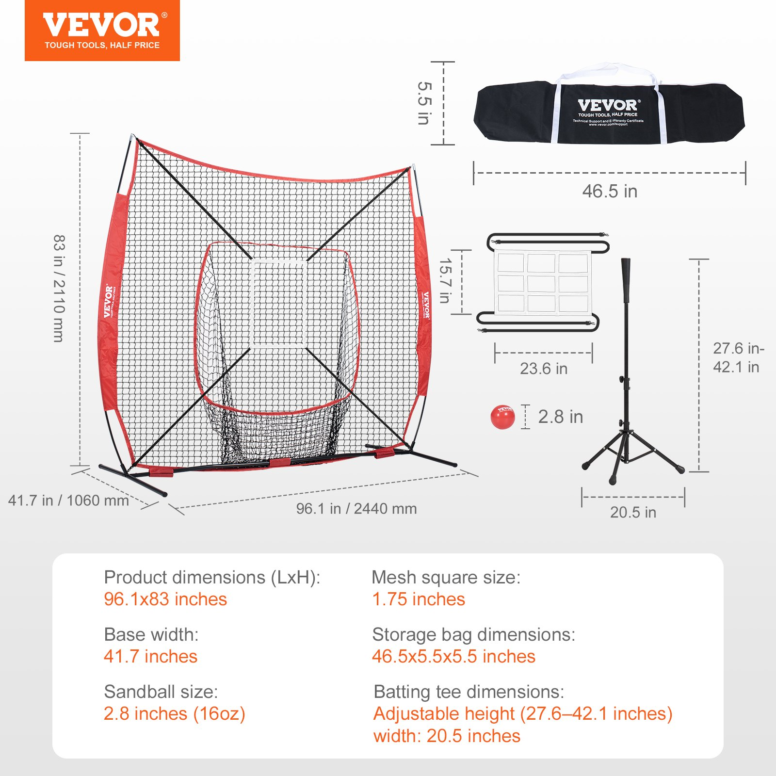 VEVOR 7x7 ft Baseball Softball Practice Net - Portable Baseball Training Net for Hitting Batting Catching Pitching - Backstop Baseball Equipment with Bow Frame, Carry Bag, Strike Zone, Ball, Batting Tee, Goodies N Stuff