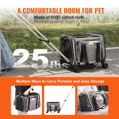 VEVOR Cat Carrier with Wheels, Airline Approved Rolling Pet Carrier with Telescopic Handle and Shoulder Strap, Dog Carrier with Wheels for Pets under 25 lbs, with 1 Folding Bowl, Grey, Goodies N Stuff