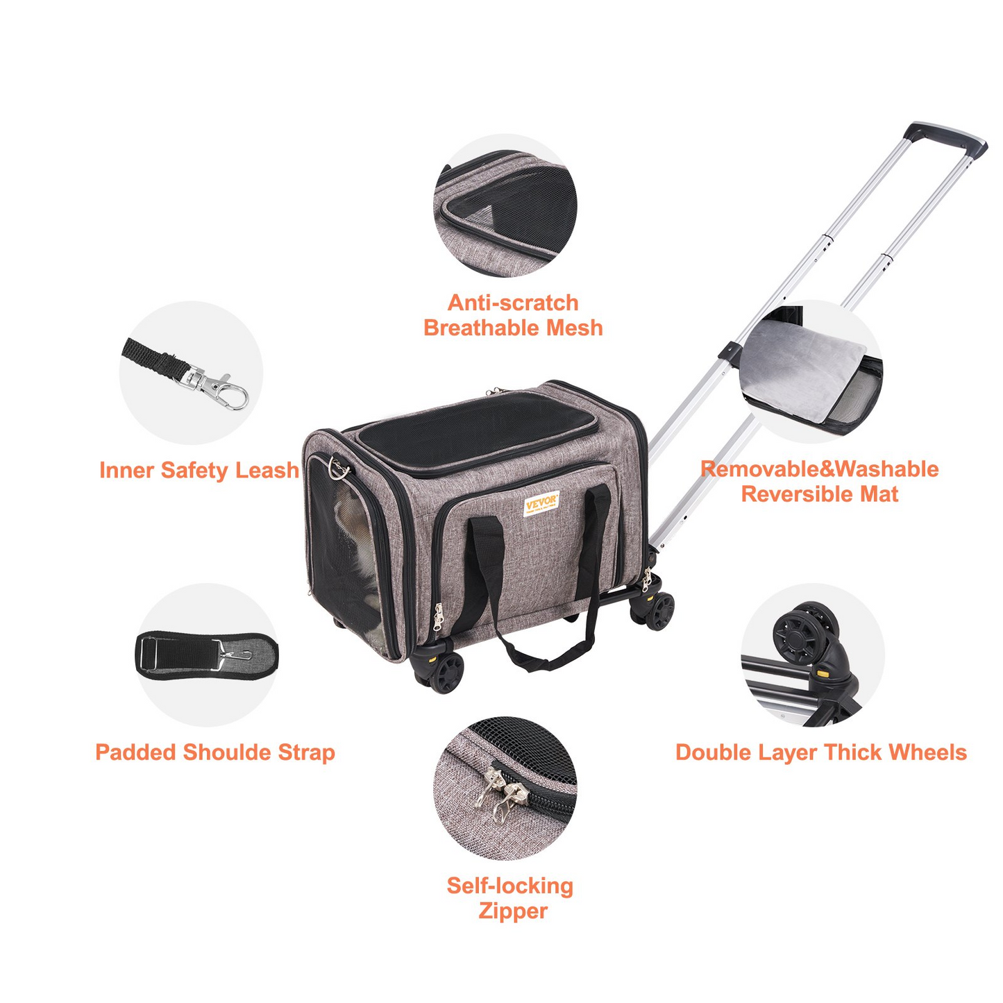 VEVOR Cat Carrier with Wheels, Airline Approved Rolling Pet Carrier with Telescopic Handle and Shoulder Strap, Dog Carrier with Wheels for Pets under 25 lbs, with 1 Folding Bowl, Grey, Goodies N Stuff