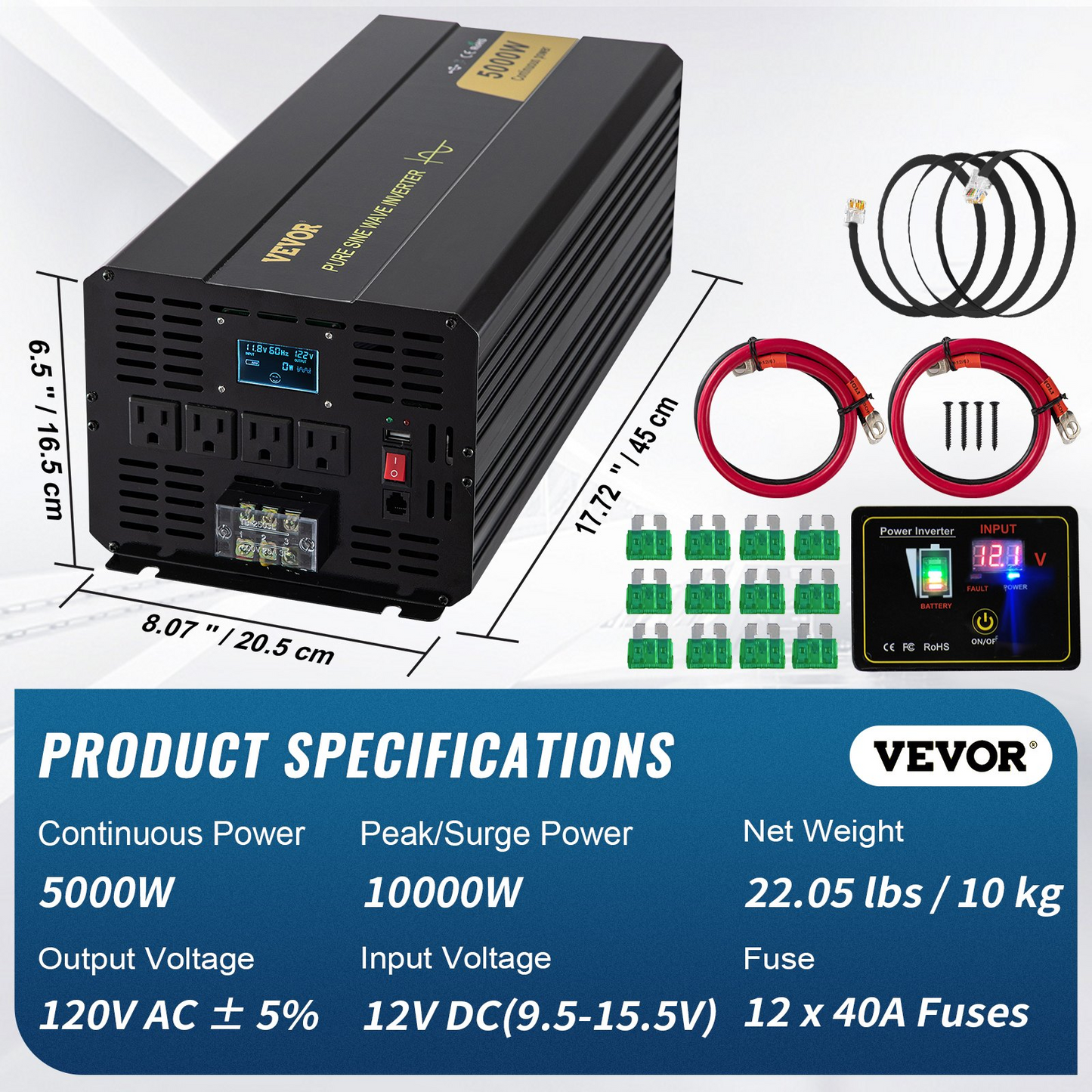 VEVOR Pure Sine Wave Inverter, 5000 Watt, Power Inverter, DC 12V to AC 120V Car Inverter, with LCD Display, USB Port and Remote Controller, Power Converter for Car RV Truck Solar System Travel Camping, Goodies N Stuff