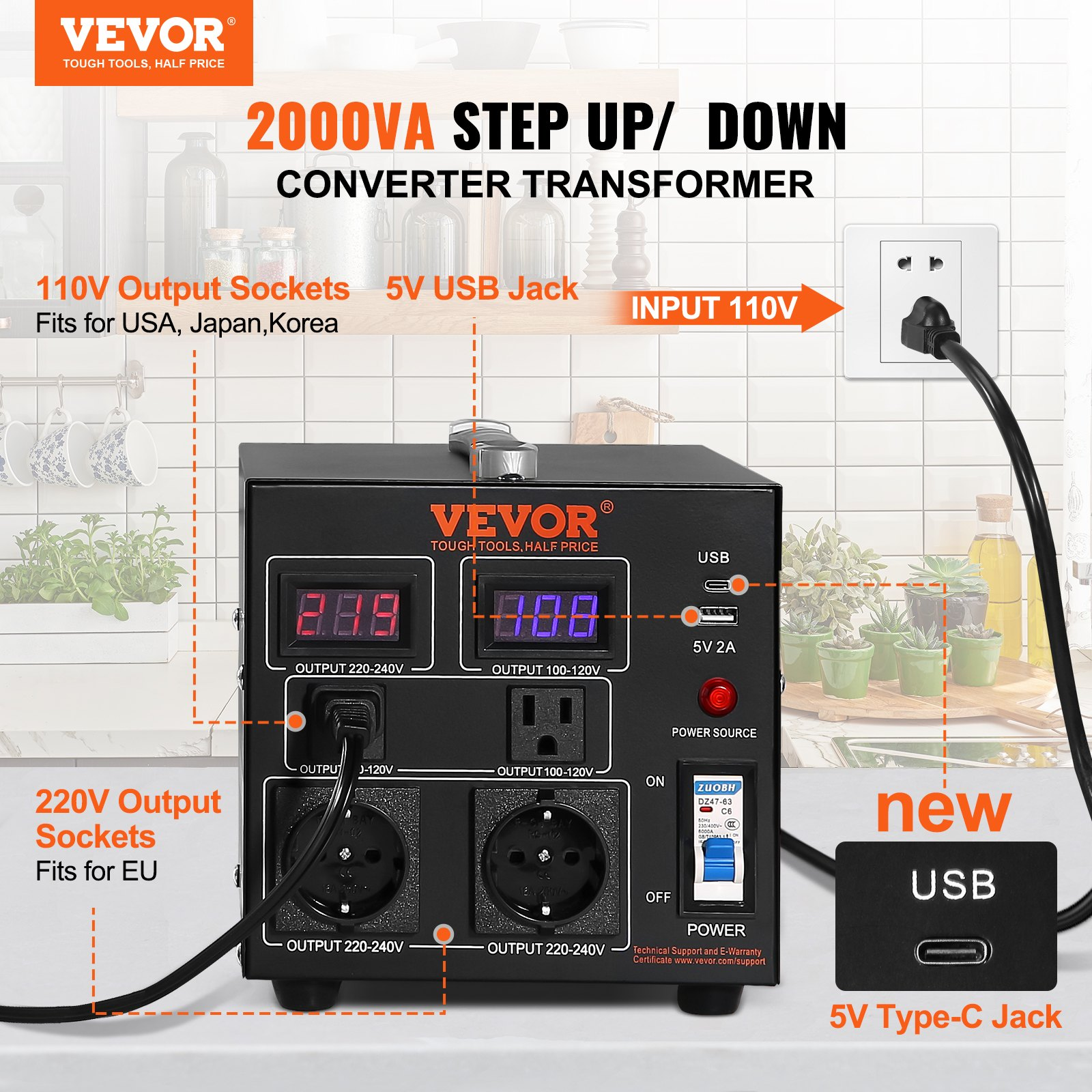 VEVOR Voltage Converter Transformer, 2000W, Heavy Duty Step Up/Down Transformer, Convert from 110 Volt to 220 Volt and  from 220 Volt to 110 Volt, with US Outlet EU Outlet 5V USB Port, CE Certified, Goodies N Stuff