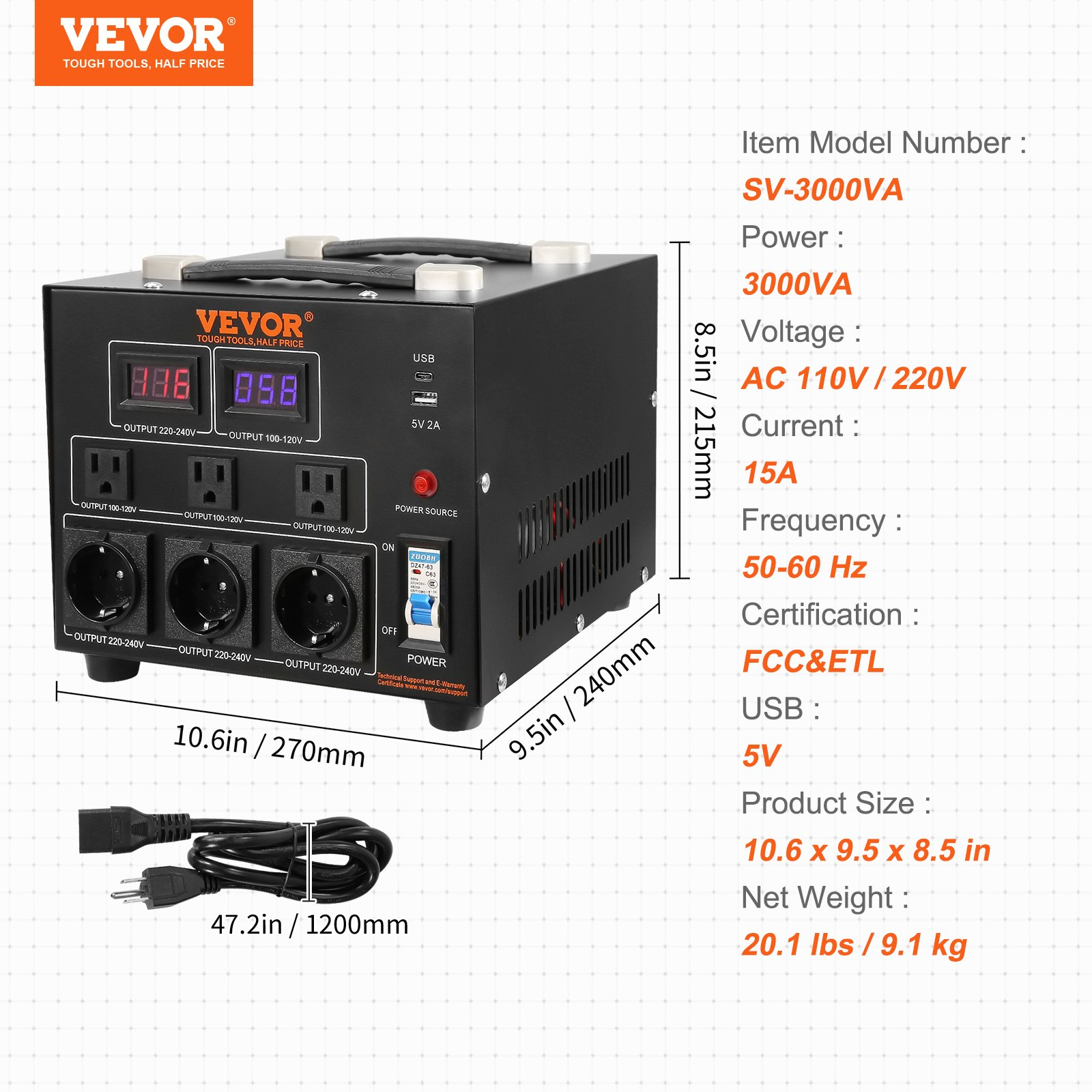 VEVOR Voltage Converter Transformer, 3000W, Heavy Duty Step Up/Down Transformer, Convert from 110 Volt to 220 Volt and  from 220 Volt to 110 Volt, with US Outlet EU Outlet 5V USB Port, CE Certified, Goodies N Stuff