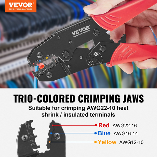 VEVOR Ratcheting Crimping Tool Set For Insulated Electrical Connectors AWG22-10 with Wire Stripper and 210pcs Heat Shrink Tubes Labor-Saving Ratcheting Wire Crimp Pliers, Goodies N Stuff