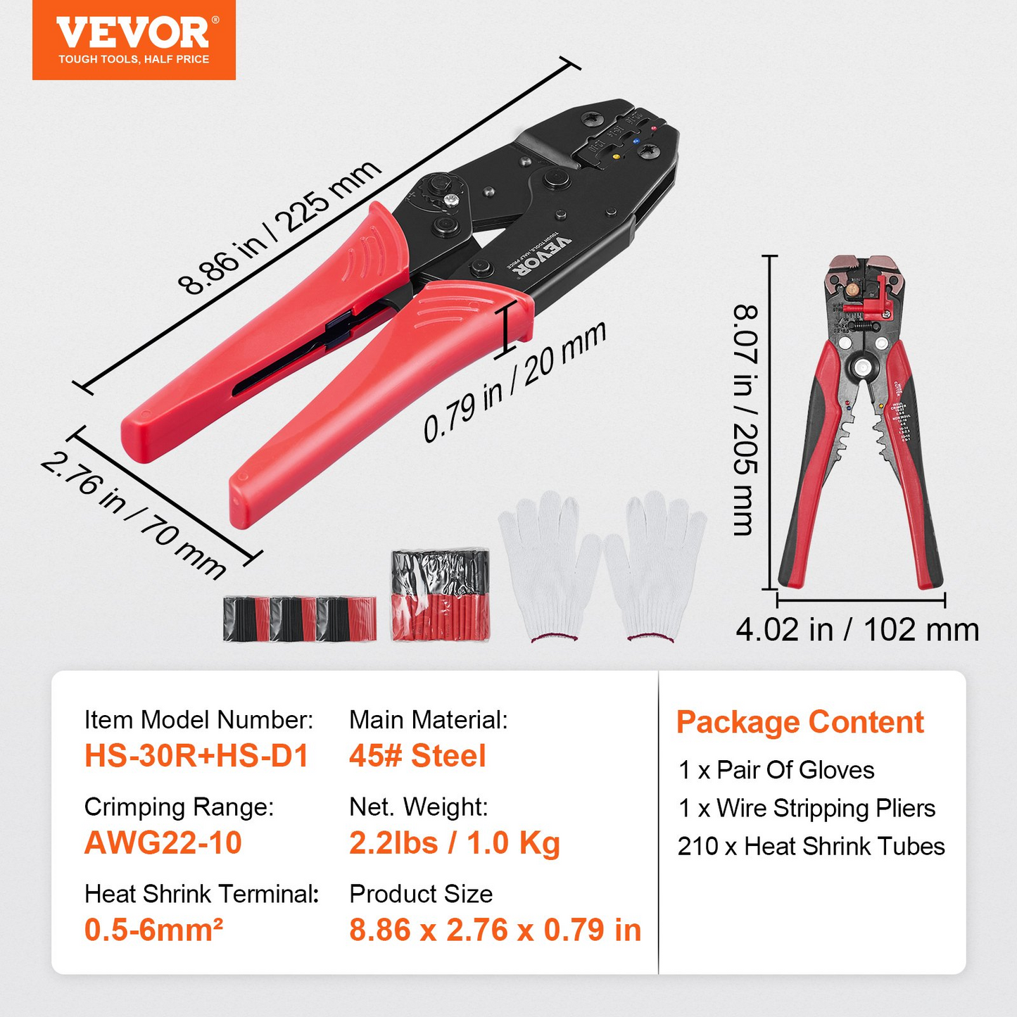 VEVOR Ratcheting Crimping Tool Set For Insulated Electrical Connectors AWG22-10 with Wire Stripper and 210pcs Heat Shrink Tubes Labor-Saving Ratcheting Wire Crimp Pliers, Goodies N Stuff