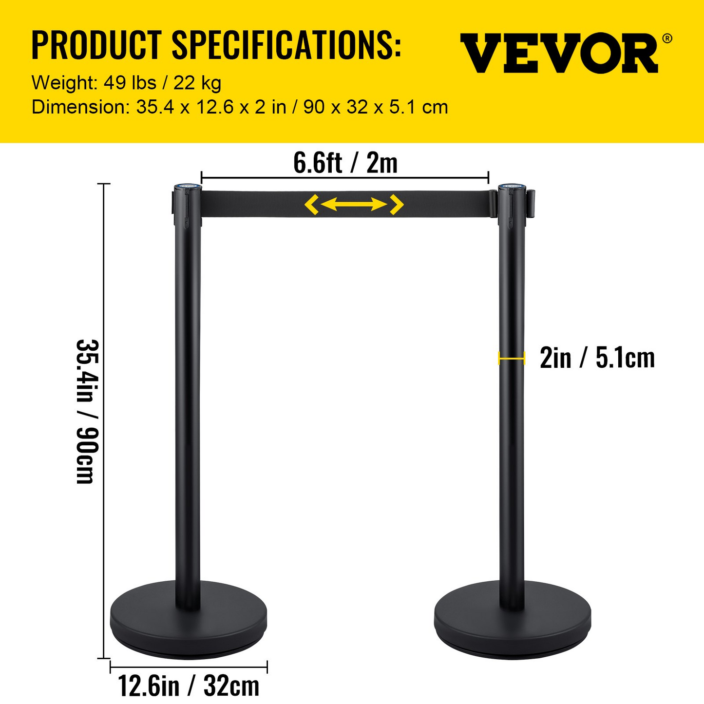 VEVOR Crowd Control Stanchion, Set of 4 Pieces Stanchion Set, Stanchion Set with 6.6 ft/2 m Black Retractable Belt, Black Crowd Control Barrier w/Concrete and Metal Base – Easy Connect Assembly, Goodies N Stuff
