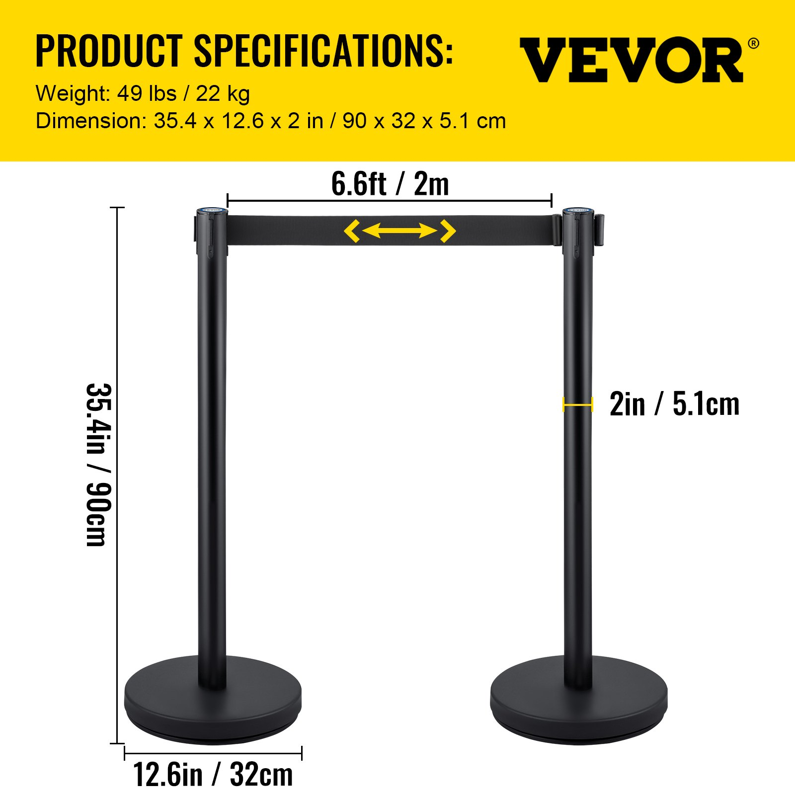 VEVOR Crowd Control Stanchion, Set of 4 Pieces Stanchion Set, Stanchion Set with 6.6 ft/2 m Black Retractable Belt, Black Crowd Control Barrier w/Concrete and Metal Base – Easy Connect Assembly, Goodies N Stuff