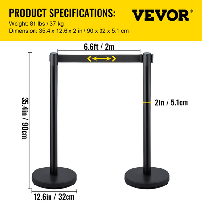 VEVOR 6 PCS Black Stanchion Posts Stainless Steel Stanchion Queue Post Black Belt Retractable 36In for Both Indoor and Outdoor use., Goodies N Stuff