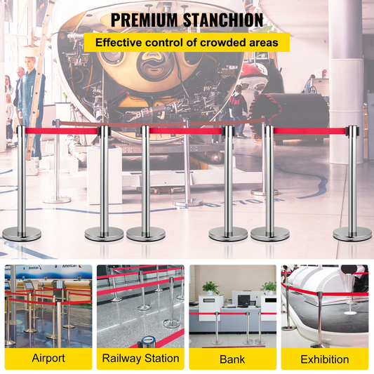 VEVOR Crowd Control Stanchion, Set of 6 Pieces Stanchion Set, Stanchion Set w/ 6.6 ft/2 m Red Retractable Belt, Crowd Control Barrier w/Rubber Base – Easy Connect Assembly for Crowd Control (Silver), Goodies N Stuff