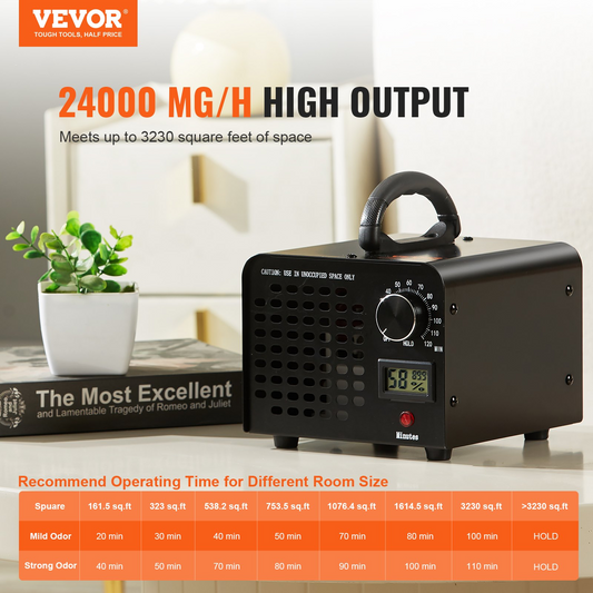 VEVOR Ozone Generator, 24000mg/h Ozone Machine Odor Remover, High Capacity Commercial/Industrial Ozone Generator Machine, Home Air Ionizers Deodorizer with 0-120 min Time Setting for Rooms, Cars, Pets, Goodies N Stuff