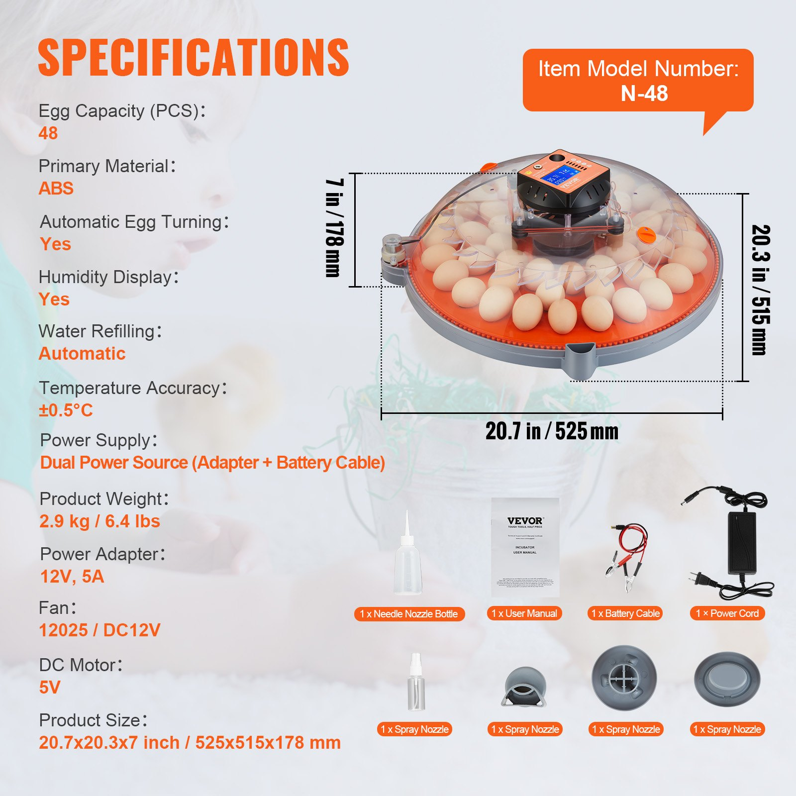 VEVOR 48 Egg Incubator, Incubators for Hatching Eggs, 360° Automatic Egg Turner with Temperature and Humidity Display, 48 Eggs Poultry Hatcher with ABS Transparent Shell for Chicken, Duck, Quail, Goodies N Stuff