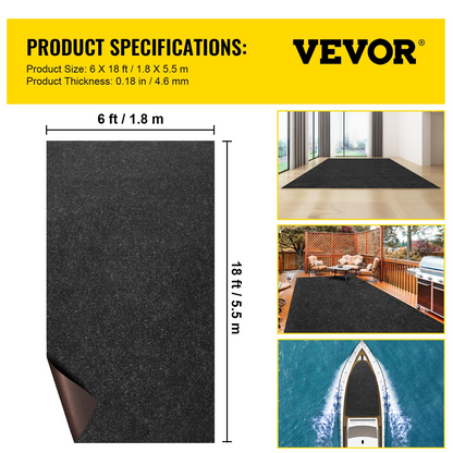 VEVOR Marine Carpet, 6 x 18 ft Boat Carpeting, Charcoal Black Marine Grade Boat Carpet, Indoor/Outdoor Marine Carpeting w/ Water-proof TPR Backing, Water-proof Carpet Roll for Home, Patio, Porch, Deck, Goodies N Stuff