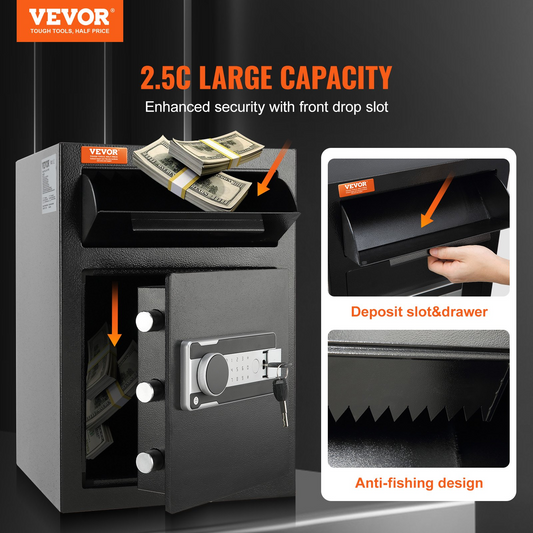 VEVOR 2.5 Cub Depository Safe, Deposit Safe with Drop Slot, Electronic Code Lock and 2 Emergency Keys, 20.27'' x 13.97'' x 13.97'' Business Drop Slot Safe for Cash, Mail in Home, Hotel, Office, Goodies N Stuff