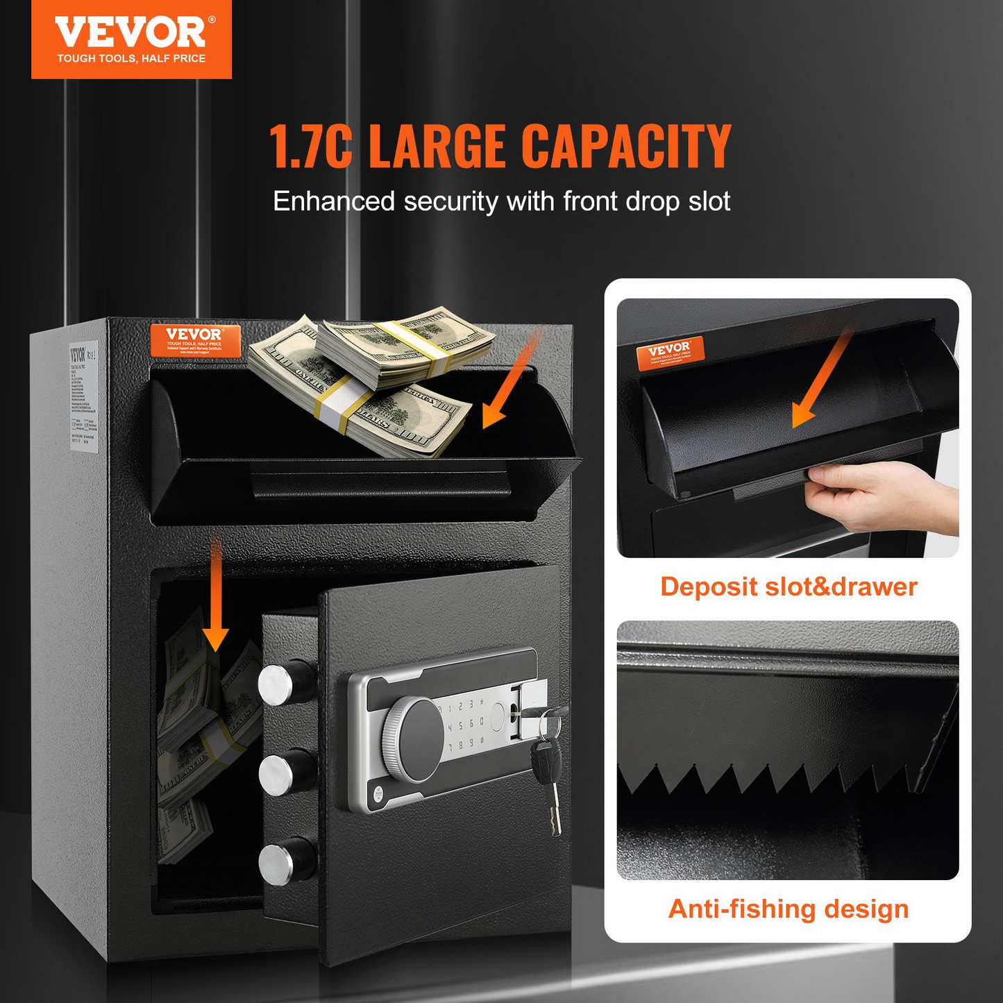 VEVOR 1.7 Cub Depository Safe, Deposit Safe with Drop Slot, Electronic Code Lock and 2 Emergency Keys, 17.71'' x 13.77'' x 13.77'' Business Drop Slot Safe for Cash, Mail in Home, Hotel, Office, Goodies N Stuff