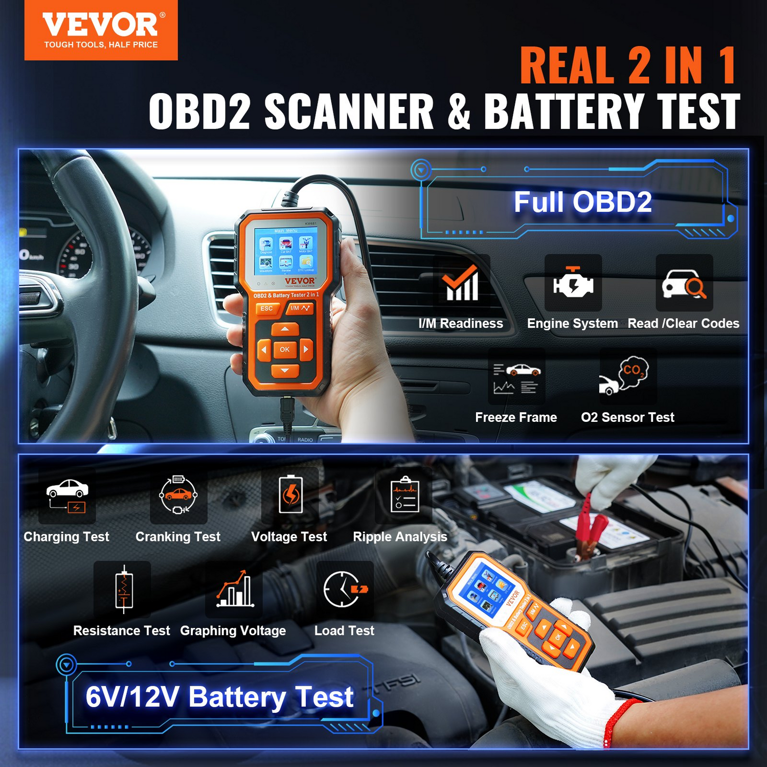 VEVOR OBD2 Scanner Battery Tester 6V/12V - Upgrade 2 IN1 OBD Scanner Diagnostic Tool Car 100-2000 Battery Charging Cranking System Test Car Code Reader Scan Tool for All OBDII Protocol Cars Since 1996, Goodies N Stuff