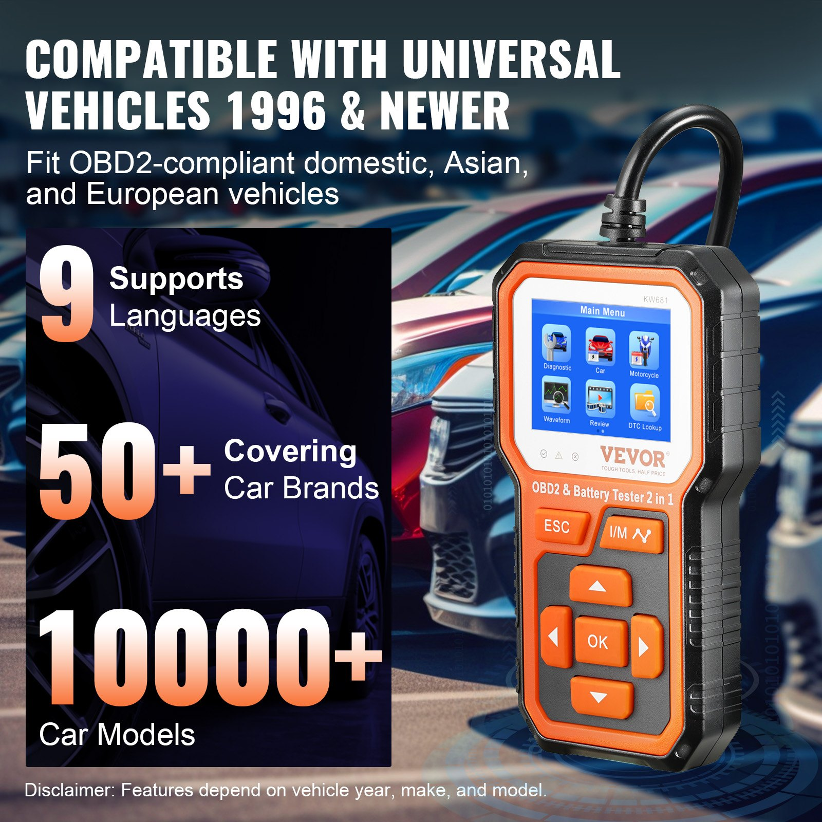 VEVOR OBD2 Scanner Battery Tester 6V/12V - Upgrade 2 IN1 OBD Scanner Diagnostic Tool Car 100-2000 Battery Charging Cranking System Test Car Code Reader Scan Tool for All OBDII Protocol Cars Since 1996, Goodies N Stuff