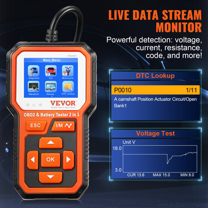 VEVOR OBD2 Scanner Battery Tester 6V/12V - Upgrade 2 IN1 OBD Scanner Diagnostic Tool Car 100-2000 Battery Charging Cranking System Test Car Code Reader Scan Tool for All OBDII Protocol Cars Since 1996, Goodies N Stuff