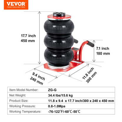 VEVOR Air Jack, 3 Ton/6600 lbs Triple Bag Air Jack, Airbag Jack with Six Steel Pipes, Lift up to 17.7 inch/450 mm, 3-5 s Fast Lifting Pneumatic Jack, with Side Handles for Car, Garage, Repair (Red), Goodies N Stuff