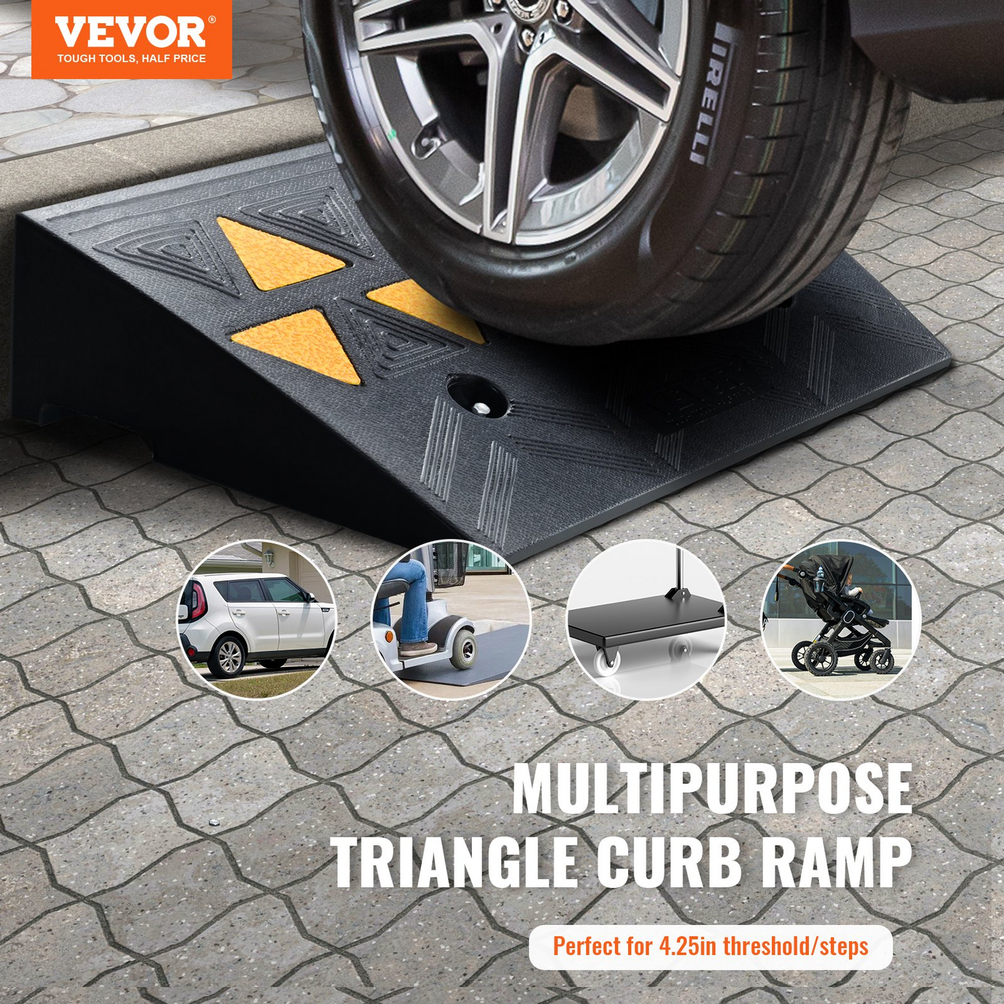 VEVOR Rubber Curb Ramp 4.25" Rise Height Sidewalk Curb Ramp, 11.8" Width 19.7" Length Driveway Ramp for Curb, 15T Heavy Duty Rubber Ramp for Forklifts, Trucks, Buses, Cars, Wheelchairs, Bikes, Goodies N Stuff