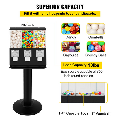 VEVOR Triple Head Candy Vending Machine, 1-inch Gumball Vending Machine, Commercial Gumball Vending Machine with Stand and Adjustable Candy Outlet Size, Candy Vending Machine for Home, Gaming Stores, Goodies N Stuff