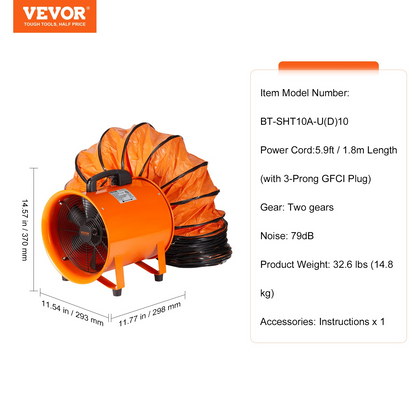 VEVOR Portable Ventilator, 10 inch Heavy Duty Cylinder Fan with 33ft Duct Hose, 350W Strong Shop Exhaust Blower 1948CFM, Industrial Utility Blower for Sucking Dust, Smoke, Smoke Home/Workplace, Goodies N Stuff