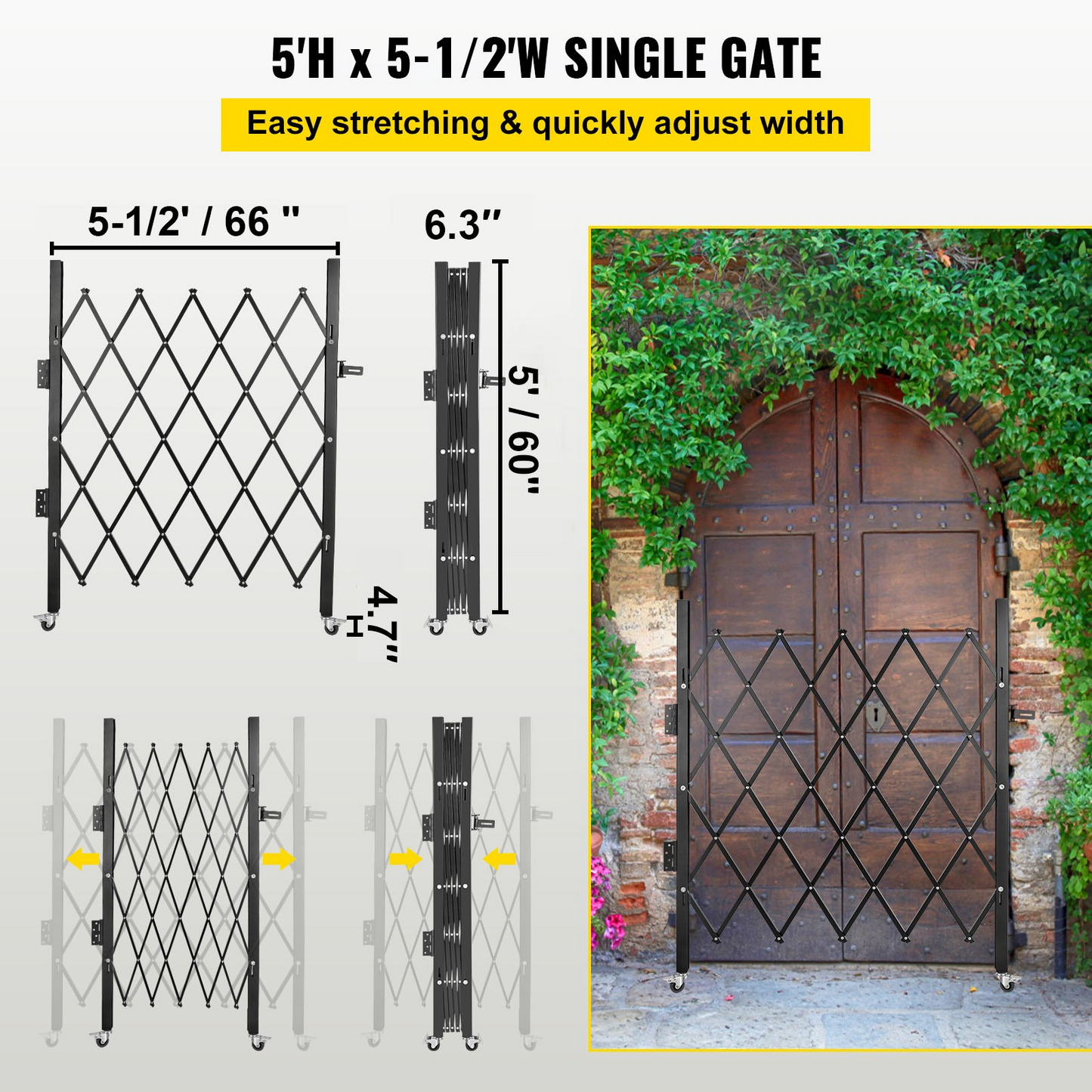 VEVOR Single Folding Security Gate, 5.1'H x 5.9'W （61 x 71 inch）Folding Door Gate, Steel Accordion Security Gate, Flexible Expanding Security Gate, 360° Rolling Barricade Gate, Scissor Gate/Door with Padlock, Goodies N Stuff