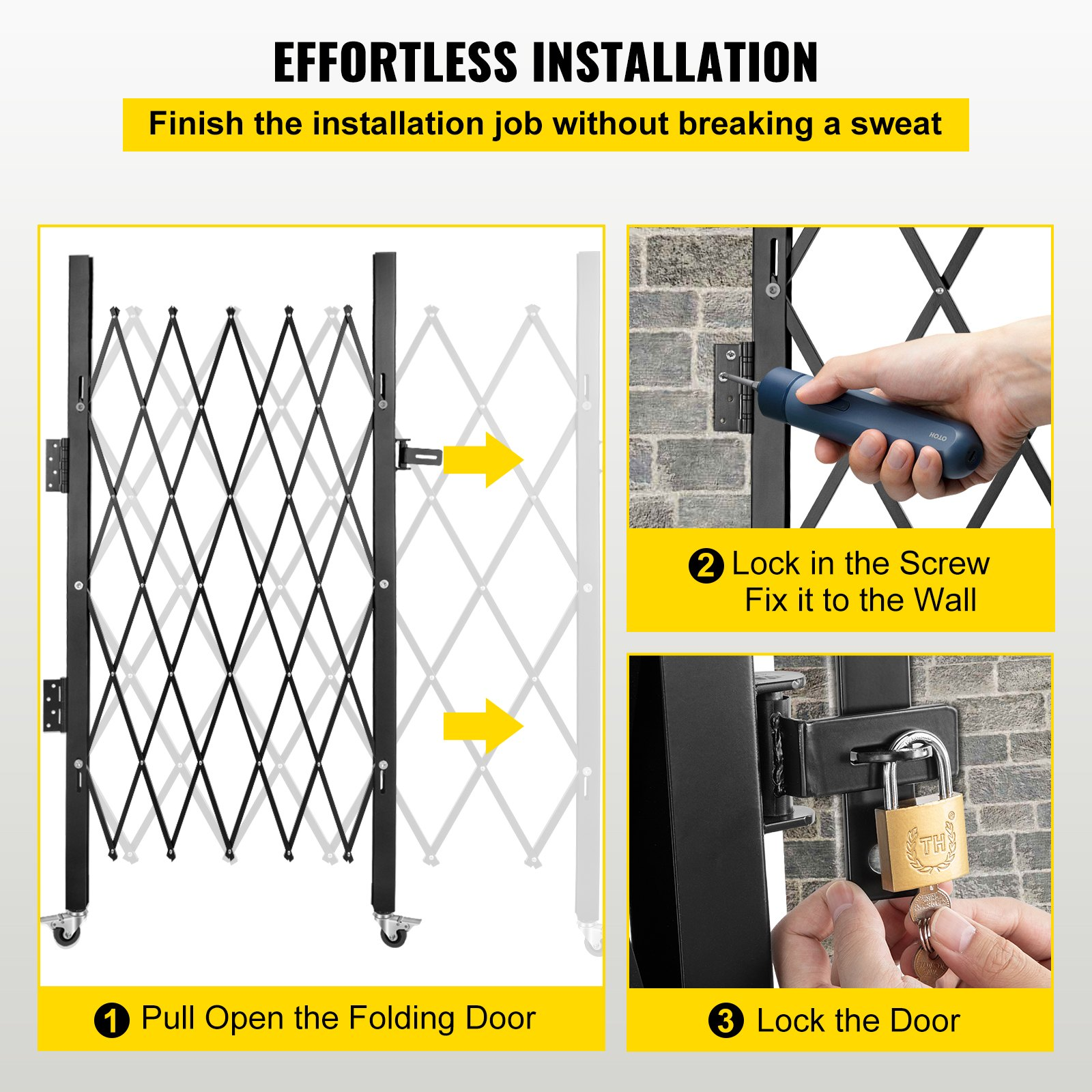 VEVOR Single Folding Security Gate, 5.1'H x 5.9'W （61 x 71 inch）Folding Door Gate, Steel Accordion Security Gate, Flexible Expanding Security Gate, 360° Rolling Barricade Gate, Scissor Gate/Door with Padlock, Goodies N Stuff