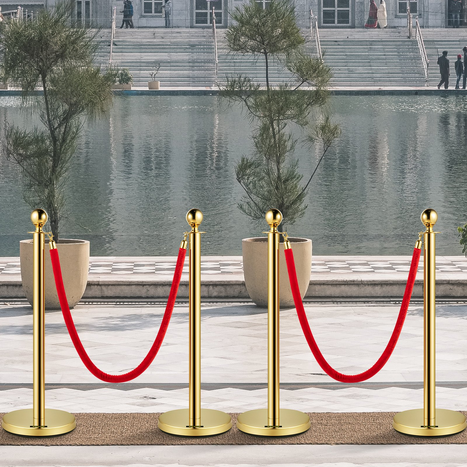 VEVOR Velvet Ropes and Posts, 5 ft/1.5 m Red Rope, Stainless Steel Gold Stanchion with Ball Top, Red Crowd Control Barrier Used for Theaters, Party, Wedding, Exhibition, Ticket Offices 4 packSets, Goodies N Stuff