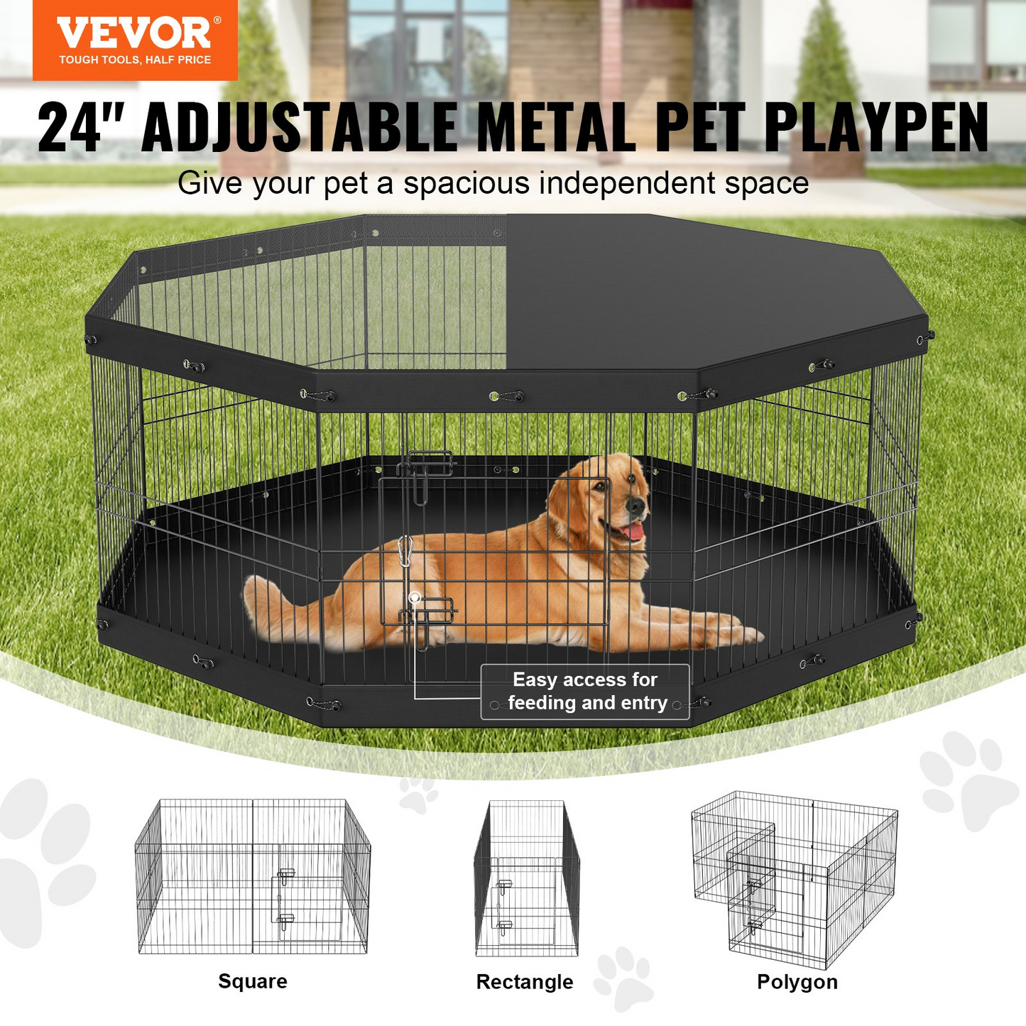 VEVOR Dog Playpen, 8 Panels Foldable Metal Dog Exercise Pen with Top Cover and Bottom Pad, 24" H Pet Fence Puppy Crate Kennel, Indoor Outdoor Dog Pen for Small Medium Pets, for Camping, Yard, Goodies N Stuff