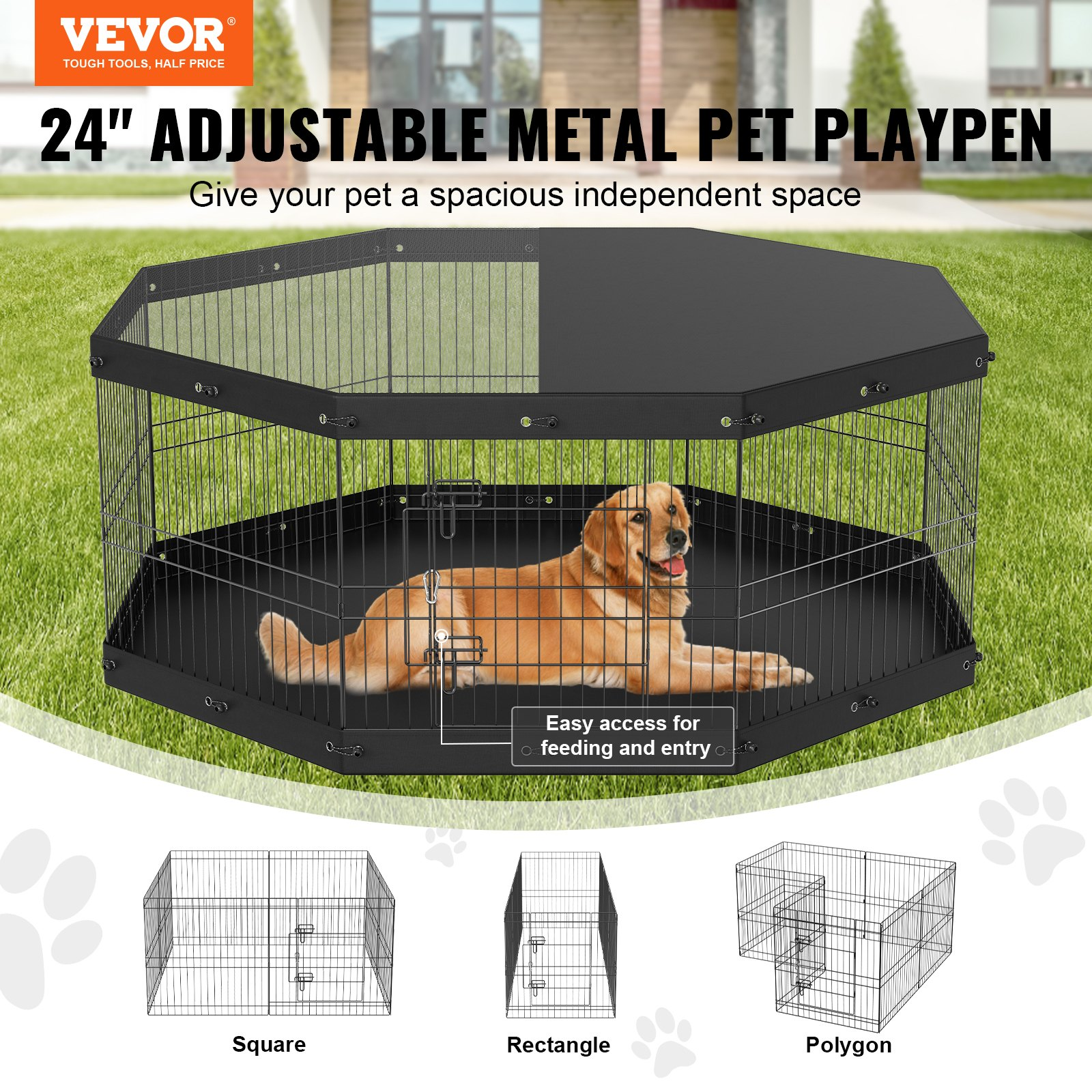 VEVOR Dog Playpen, 8 Panels Foldable Metal Dog Exercise Pen with Top Cover and Bottom Pad, 24" H Pet Fence Puppy Crate Kennel, Indoor Outdoor Dog Pen for Small Medium Pets, for Camping, Yard, Goodies N Stuff