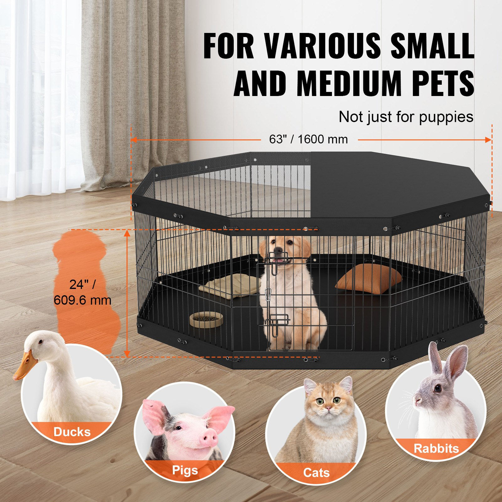 VEVOR Dog Playpen, 8 Panels Foldable Metal Dog Exercise Pen with Top Cover and Bottom Pad, 24" H Pet Fence Puppy Crate Kennel, Indoor Outdoor Dog Pen for Small Medium Pets, for Camping, Yard, Goodies N Stuff