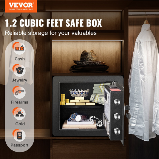 VEVOR Safe 1.2 Cubic Feet Home Safe Steel for Cash Gold 15.8x11.8x13.8 inch, Goodies N Stuff