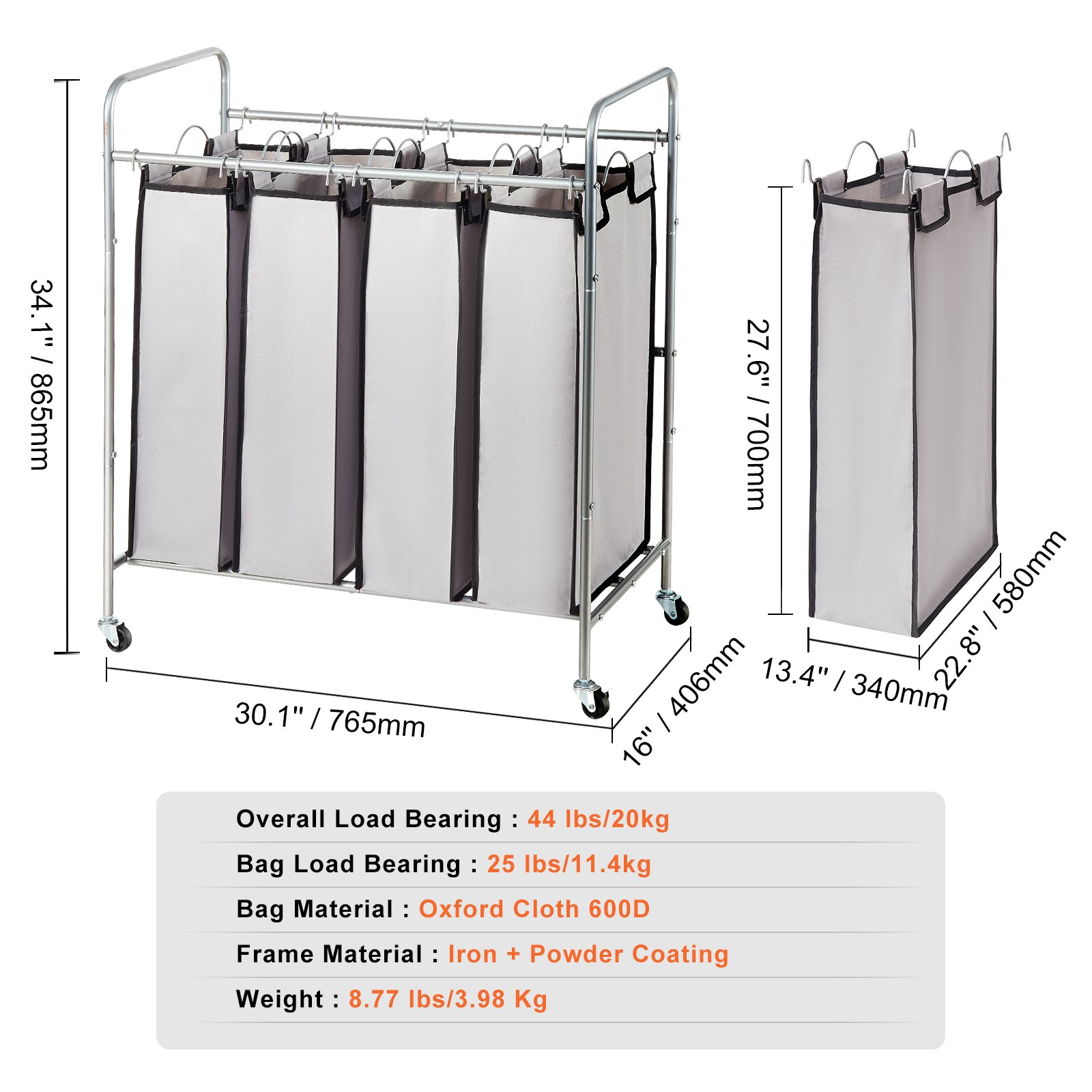 VEVOR Laundry Sorter Cart 4 Section, Laundry Hamper with Heavy Duty Lockable Wheels and 4 Removable Bags, Rolling Laundry Basket Sorter for Clothes Storage, Goodies N Stuff