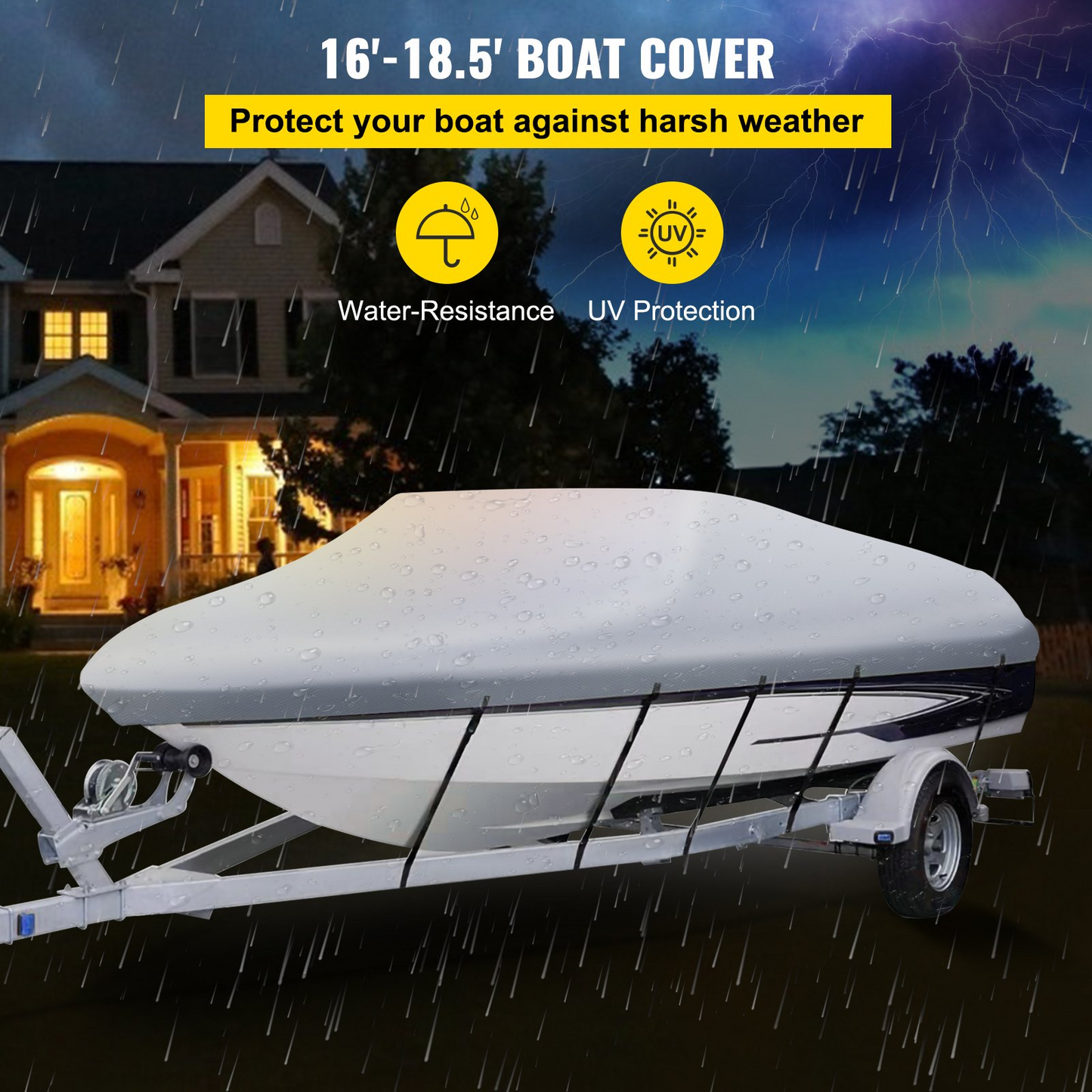 VEVOR Waterproof Boat Cover, 16'-18.5' Trailerable Boat Cover, Beam Width up to 98" v Hull Cover Heavy Duty 210D Marine Grade Polyester Mooring Cover for Fits V-Hull Boat with 5 Tightening Straps, Goodies N Stuff