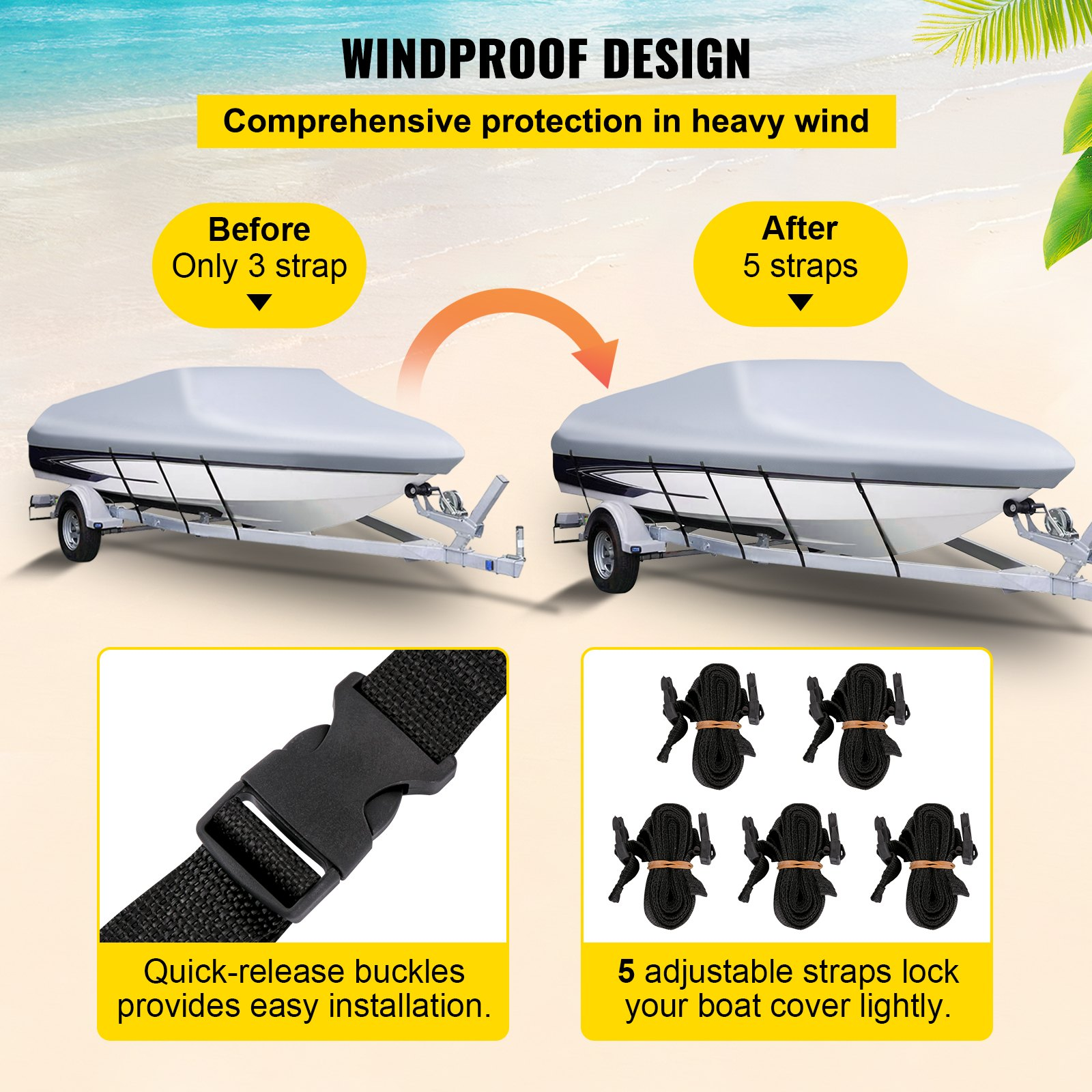 VEVOR Waterproof Boat Cover, 16'-18.5' Trailerable Boat Cover, Beam Width up to 98" v Hull Cover Heavy Duty 210D Marine Grade Polyester Mooring Cover for Fits V-Hull Boat with 5 Tightening Straps, Goodies N Stuff