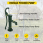 VEVOR Antique Hand Water Pump 14.6 x 5.9 x 26 inch Pitcher Pump w/Handle Cast Iron Well Pump w/ Pre-set 0.5" Holes for Easy Installation Old Fashion Pitcher Hand Pump for Home Yard Ponds Garden Green, Goodies N Stuff