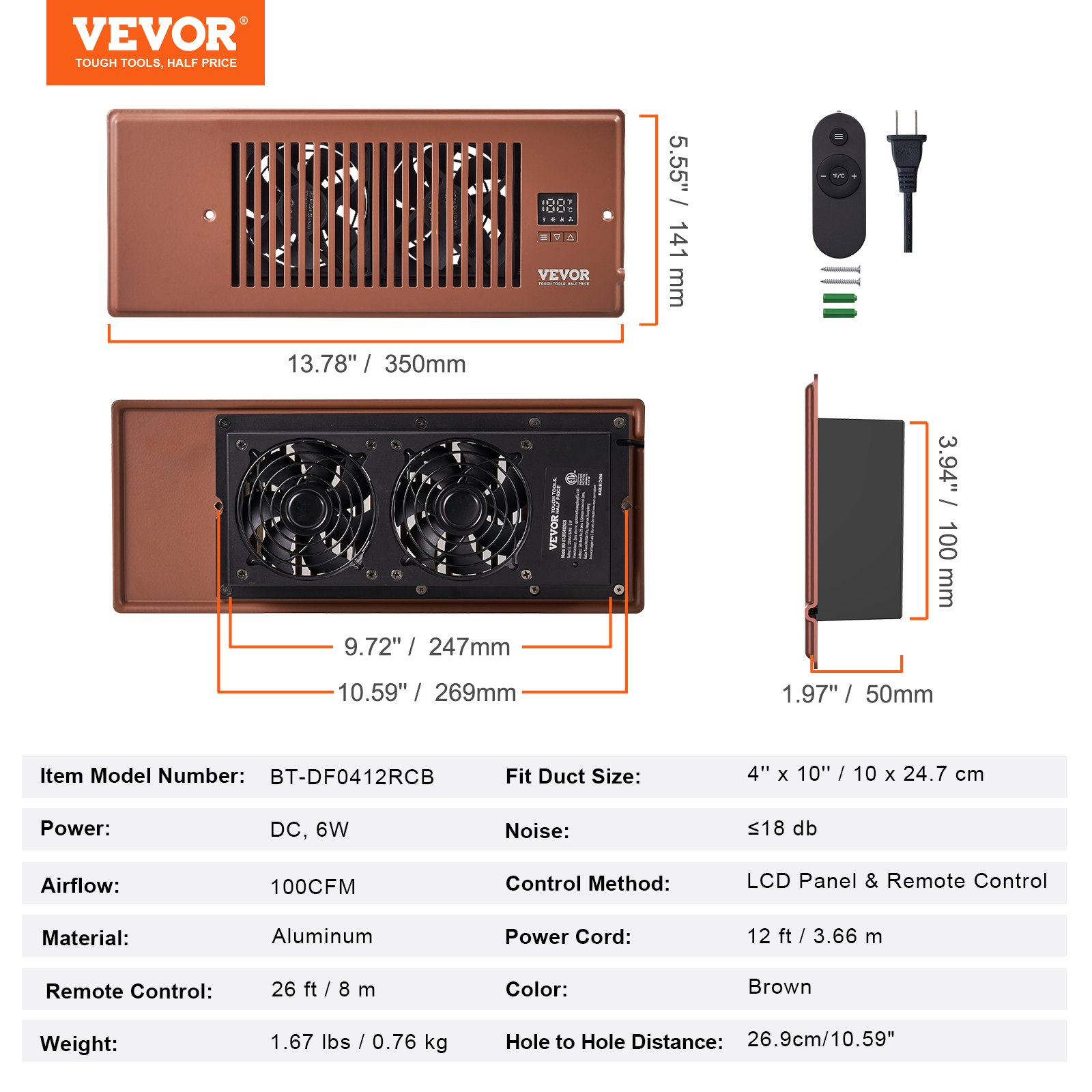 VEVOR Register Booster Fan, Quiet Vent Booster Fan Fits 4” x 12” Register Holes, with Remote Control and Thermostat Control, Adjustable Speed for Heating Cooling Smart Vent, Brown, Goodies N Stuff