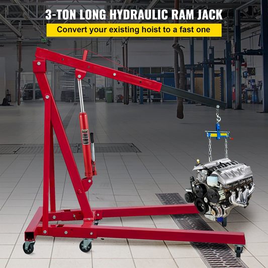 VEVOR Hydraulic Long Ram Jack, 3 Tons/6600 lbs Capacity, with Single Piston Pump and Clevis Base, Manual Cherry Picker w/Handle, for Garage/Shop Cranes, Engine Lift Hoist, Red, Goodies N Stuff