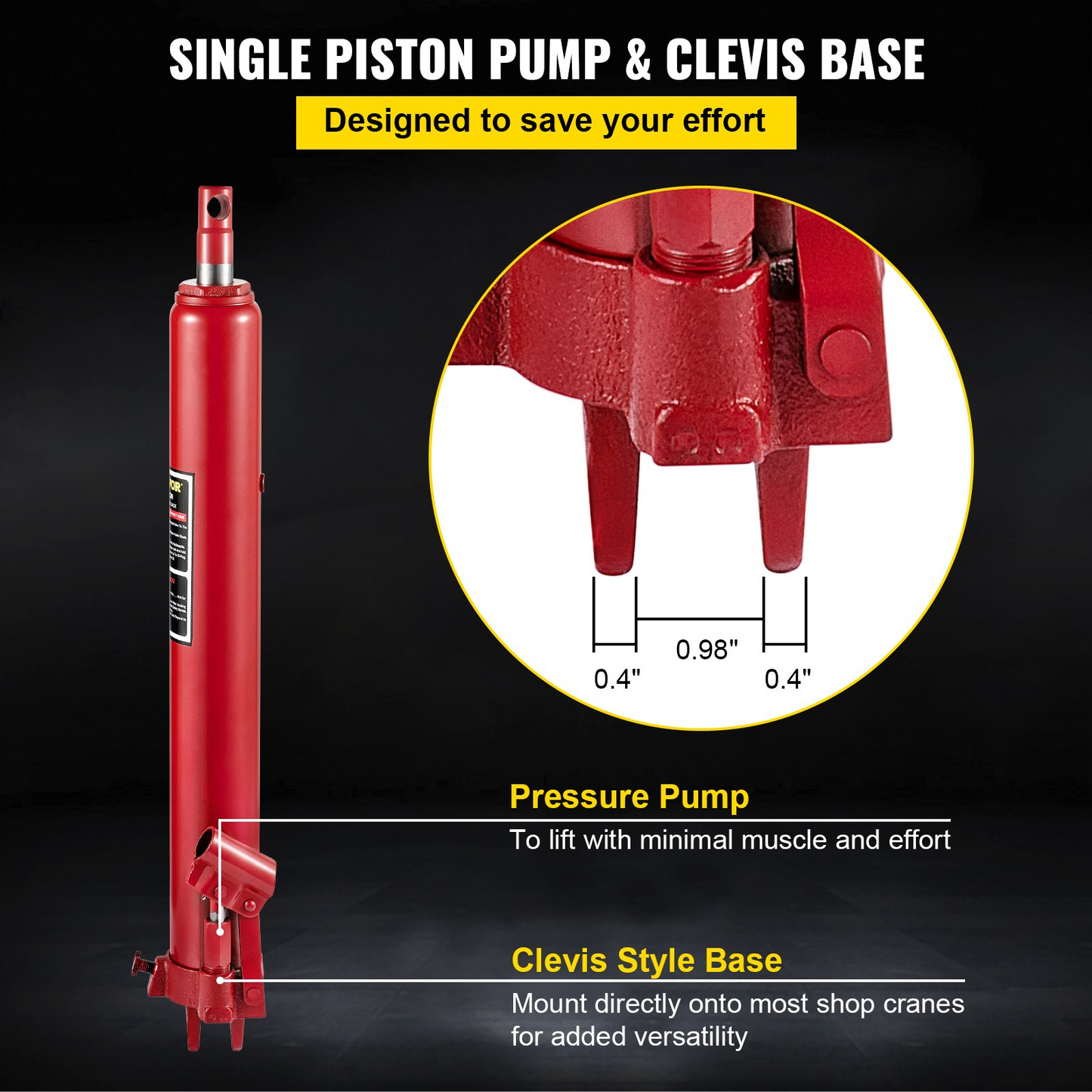 VEVOR Hydraulic Long Ram Jack, 3 Tons/6600 lbs Capacity, with Single Piston Pump and Clevis Base, Manual Cherry Picker w/Handle, for Garage/Shop Cranes, Engine Lift Hoist, Red, Goodies N Stuff