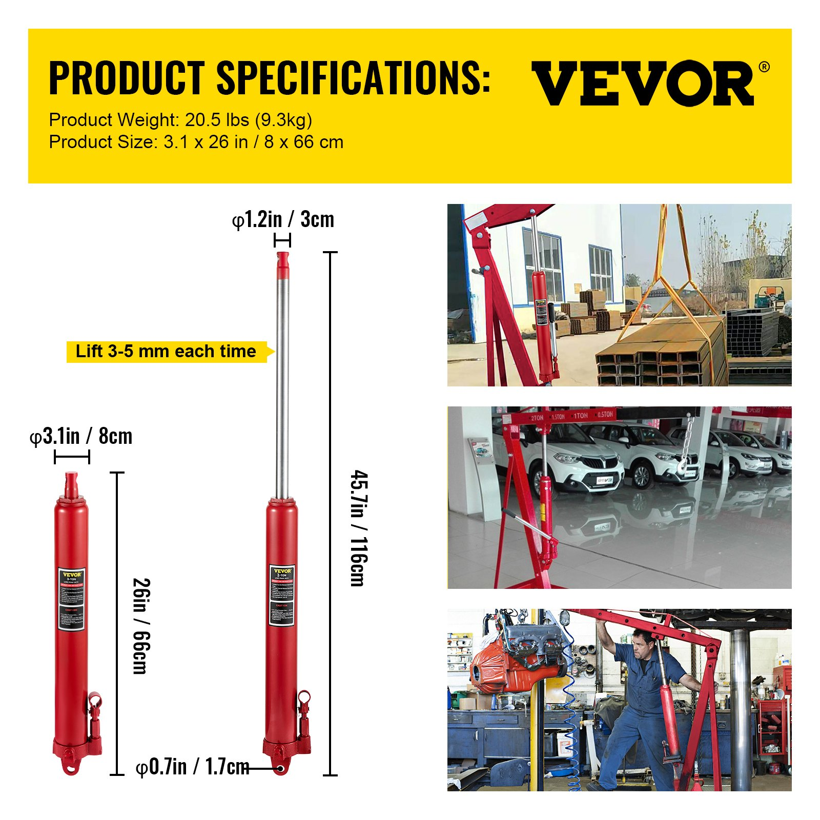 VEVOR Hydraulic Long Ram Jack, 3 Tons/6600 lbs Capacity, with Single Piston Pump and Clevis Base, Manual Cherry Picker w/Handle, for Garage/Shop Cranes, Engine Lift Hoist, Red, Goodies N Stuff