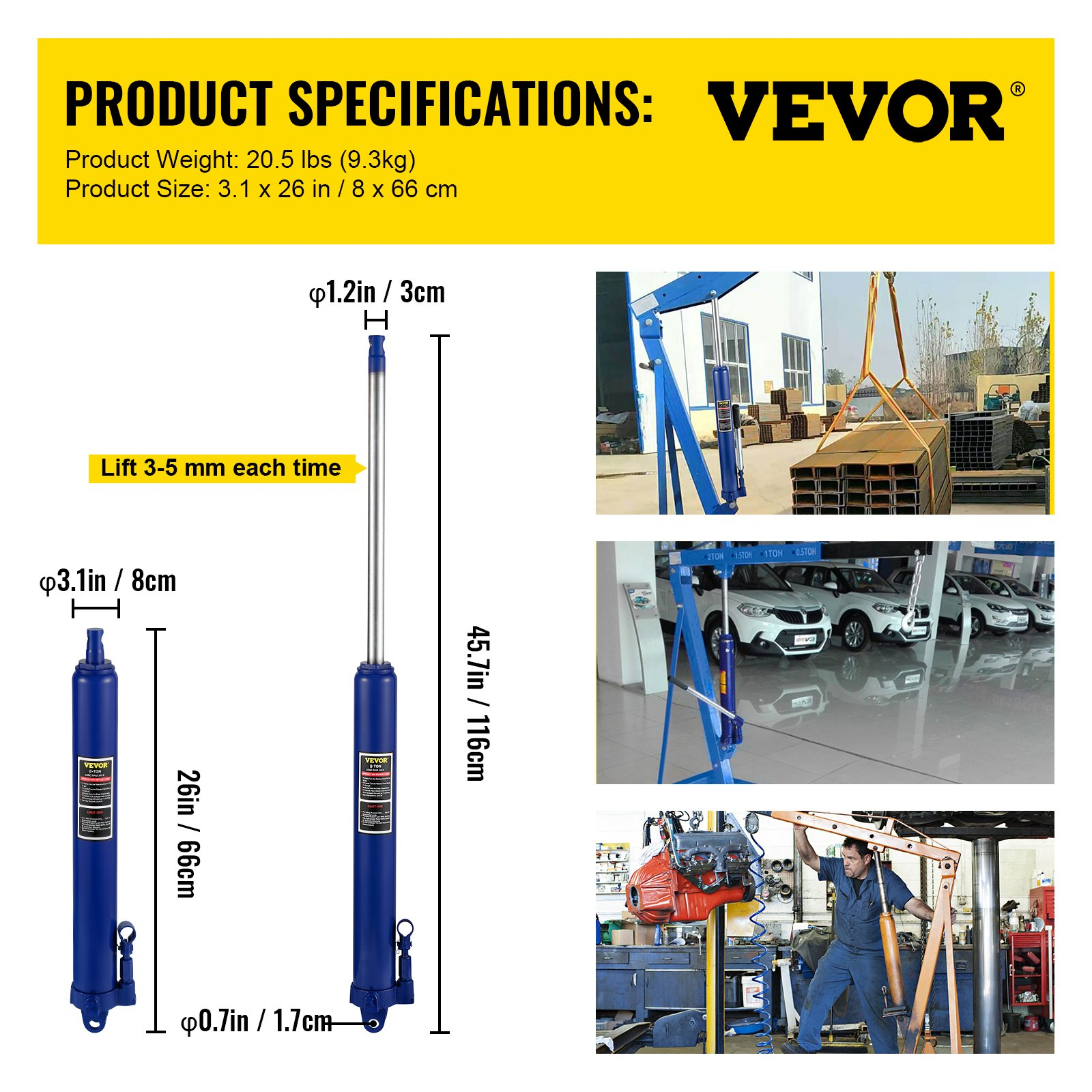 VEVOR Hydraulic Long Ram Jack, 8 Tons/17363 lbs Capacity, with Single Piston Pump and Clevis Base, Manual Cherry Picker w/Handle, for Garage/Shop Cranes, Engine Lift Hoist, Blue, Goodies N Stuff