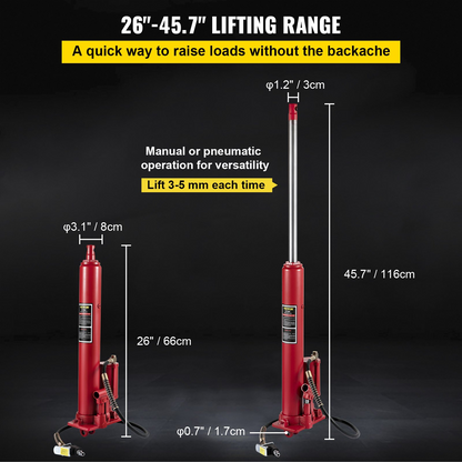 VEVOR Hydraulic/Pneumatic Long Ram Jack, 8 Tons/17363 lbs Capacity, with Single Piston Pump and Clevis Base, Manual Cherry Picker w/Handle, for Garage/Shop Cranes, Engine Lift Hoist, Red, Goodies N Stuff