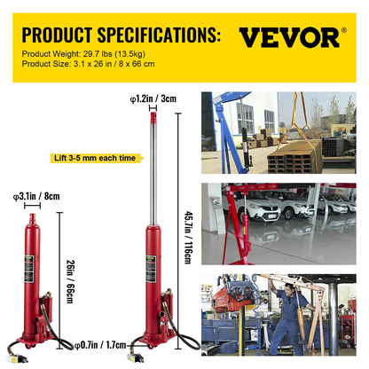 VEVOR Hydraulic/Pneumatic Long Ram Jack, 8 Tons/17363 lbs Capacity, with Single Piston Pump and Clevis Base, Manual Cherry Picker w/Handle, for Garage/Shop Cranes, Engine Lift Hoist, Red, Goodies N Stuff