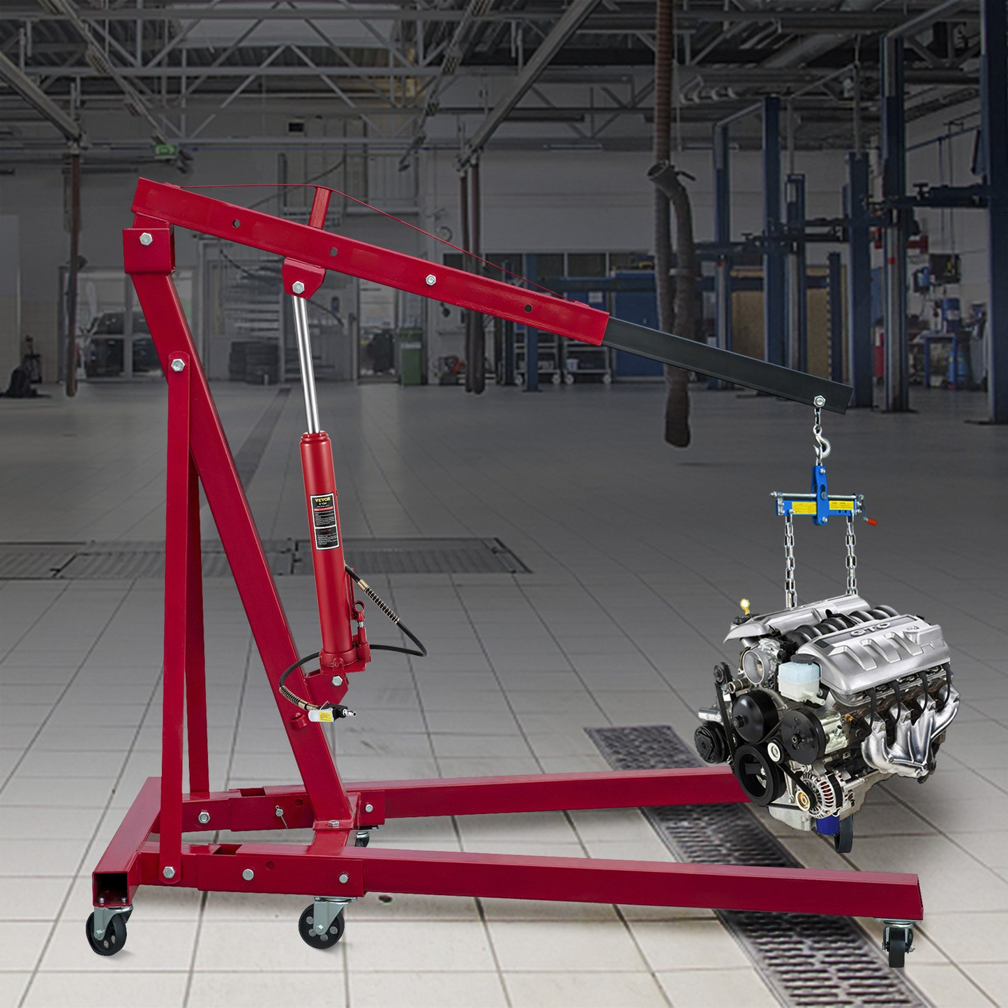 VEVOR Hydraulic/Pneumatic Long Ram Jack, 8 Tons/17363 lbs Capacity, with Single Piston Pump and Clevis Base, Manual Cherry Picker w/Handle, for Garage/Shop Cranes, Engine Lift Hoist, Red, Goodies N Stuff