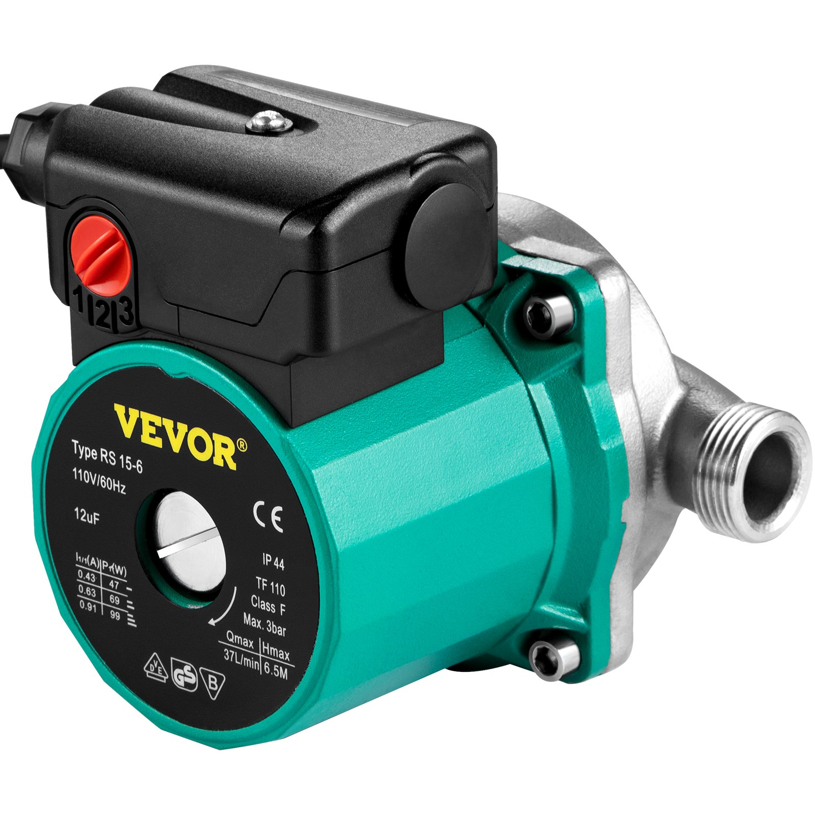 VEVOR Hot Water Recirculating Pump, 93W 110V Water Circulator Pump, Automatic Start Circulating Pump NPT 3/4" w/Brass Fittings, Stainless Steel Head, 3 Speed Control for Electric Water Heater System, Goodies N Stuff