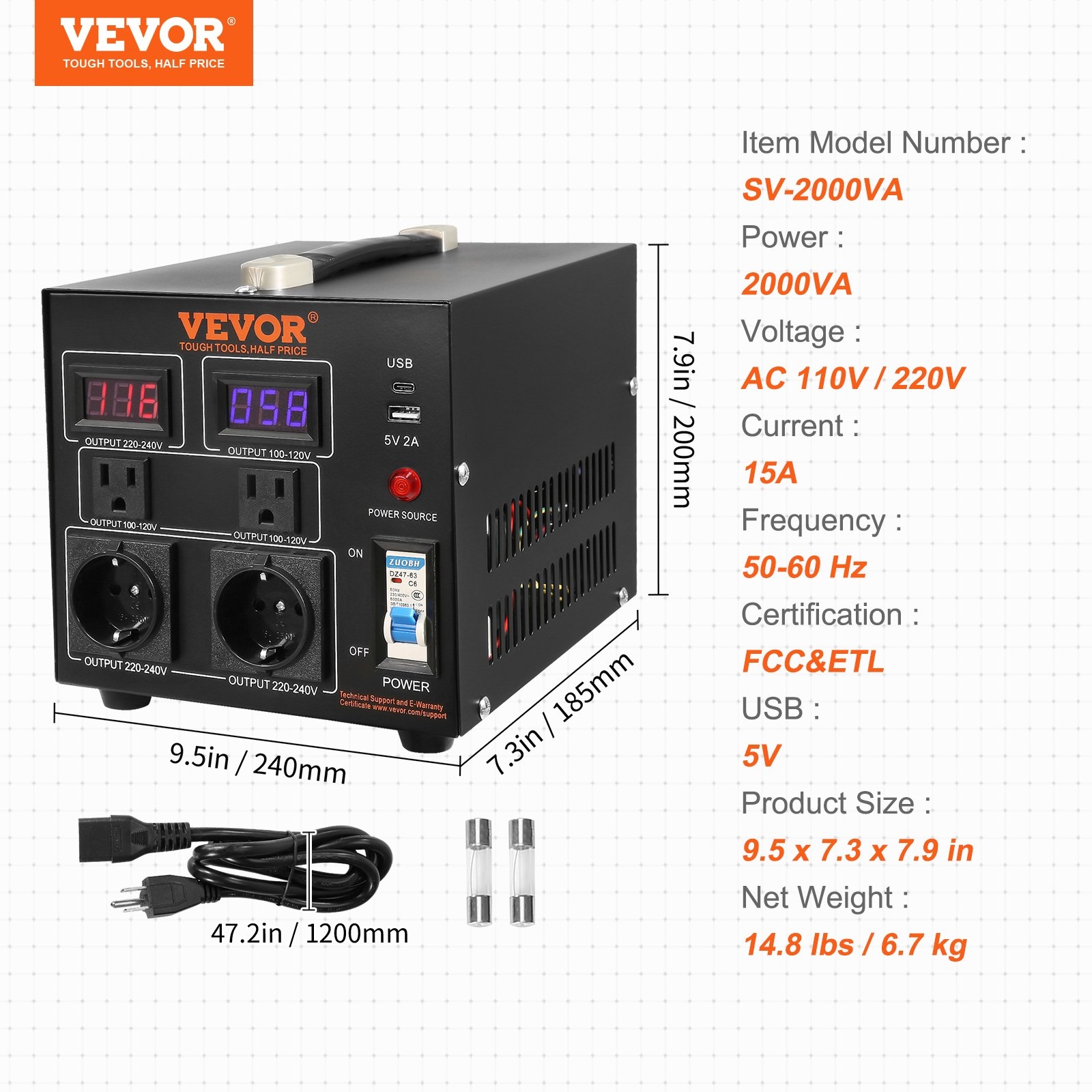 VEVOR Voltage Converter Transformer, 2000W, Heavy Duty Step Up/Down Transformer, Convert from 110 Volt to 220 Volt and  from 220 Volt to 110 Volt, with US Outlet EU Outlet 5V USB Port, CE Certified, Goodies N Stuff