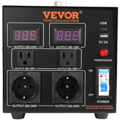 VEVOR Voltage Converter Transformer, 2000W, Heavy Duty Step Up/Down Transformer, Convert from 110 Volt to 220 Volt and  from 220 Volt to 110 Volt, with US Outlet EU Outlet 5V USB Port, CE Certified, Goodies N Stuff